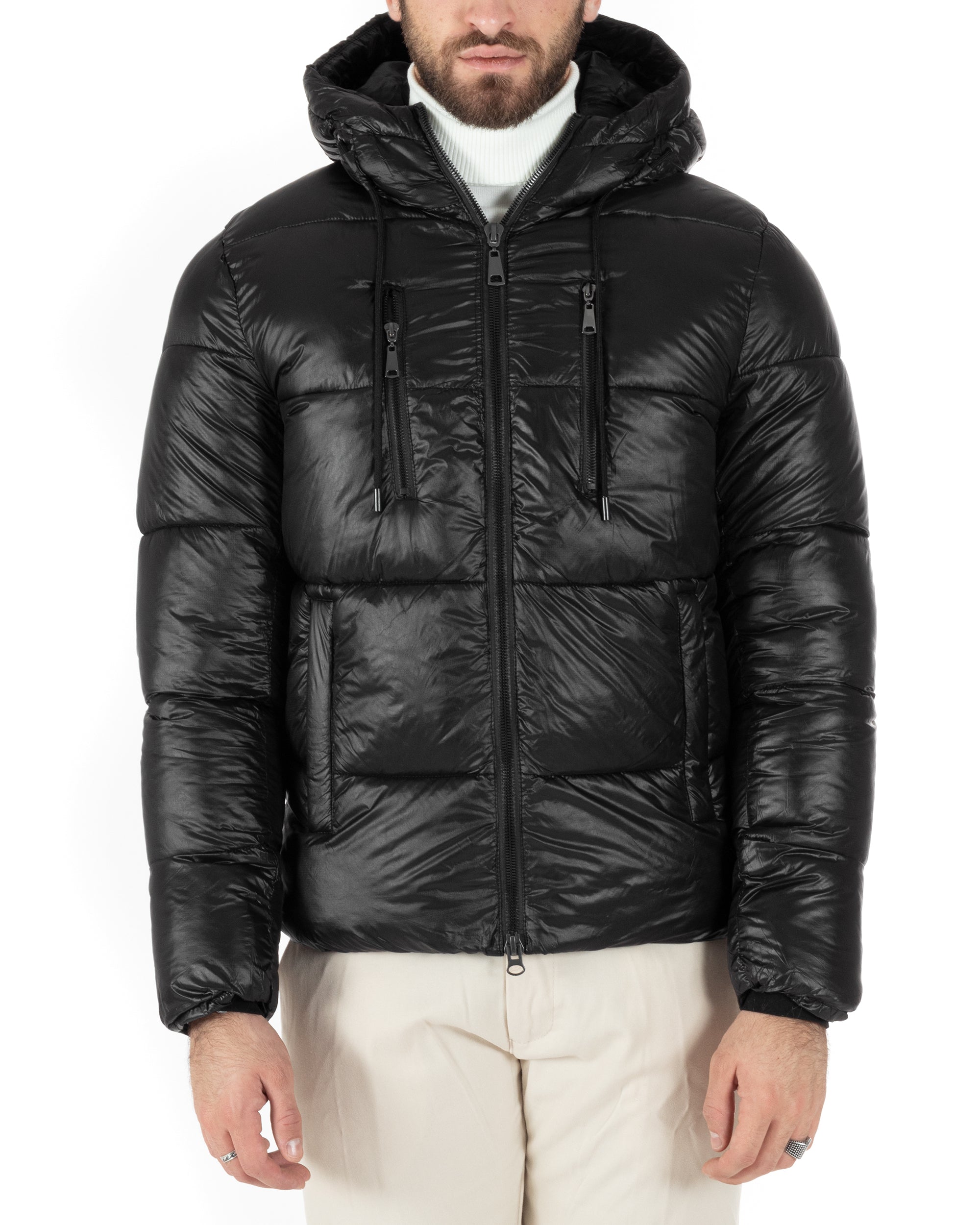 Men's Solid Color Shiny Black Jacket Hood Pockets Bomber Long Sleeves Casual GIOSAL