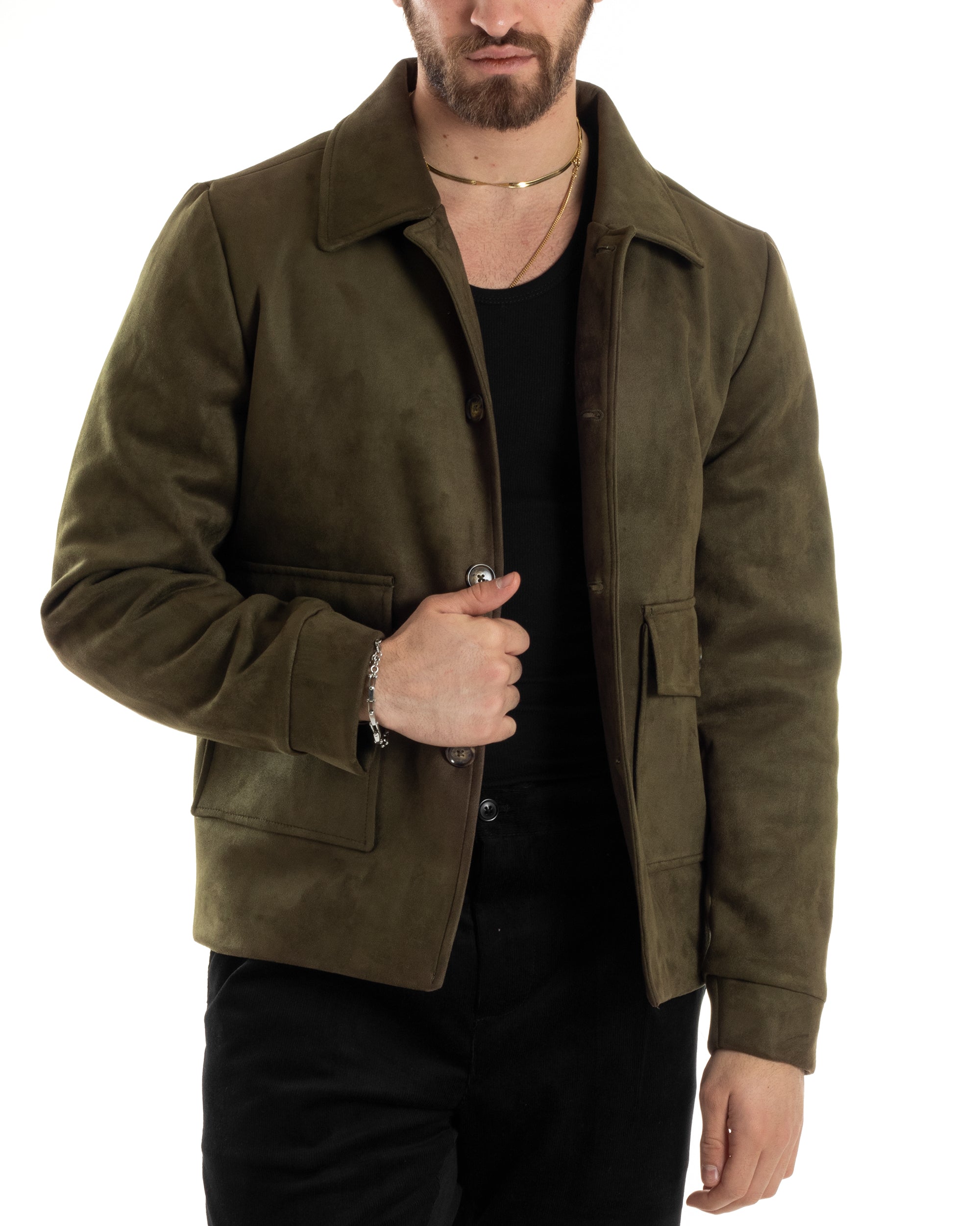 Men's Jacket Suede Bomber Jacket With Buttons Flap Pockets Beige Casual GIOSAL-G3088A