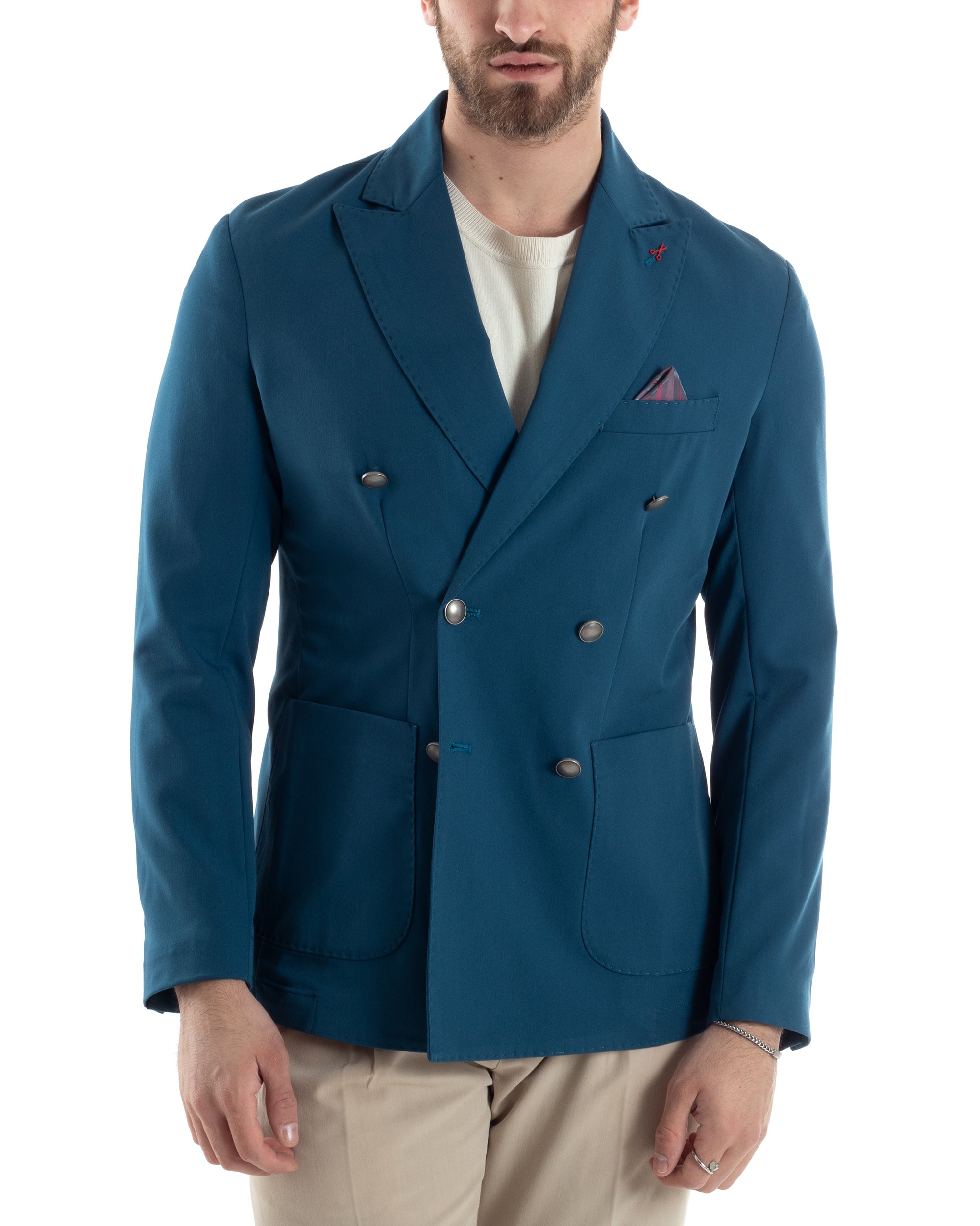 Men's Double-Breasted Linen Jacket Solid Color Blue Tailored Ceremony Elegant Casual GIOSAL-G3062A