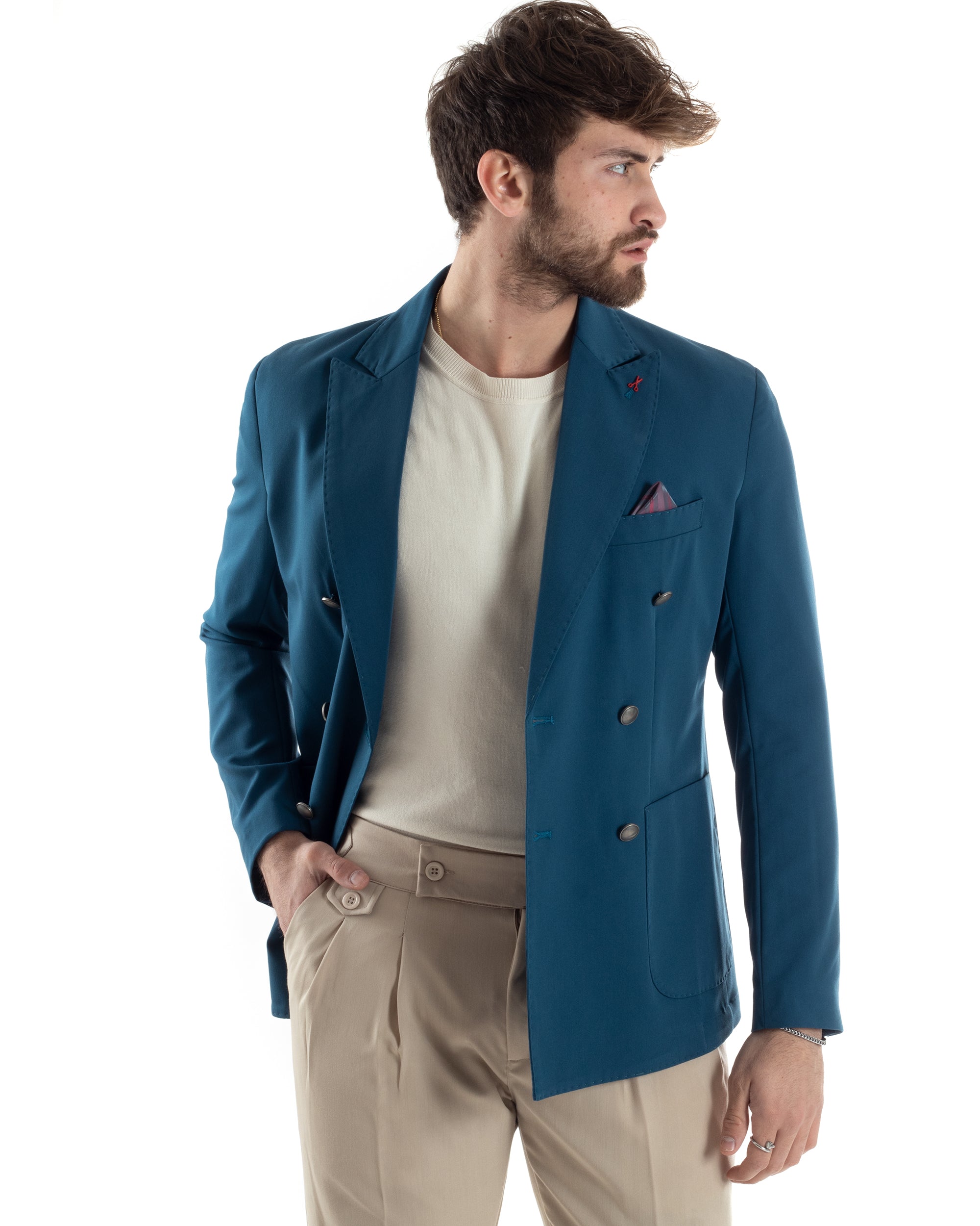 Men's Double-Breasted Linen Jacket Solid Color Blue Tailored Ceremony Elegant Casual GIOSAL-G3062A