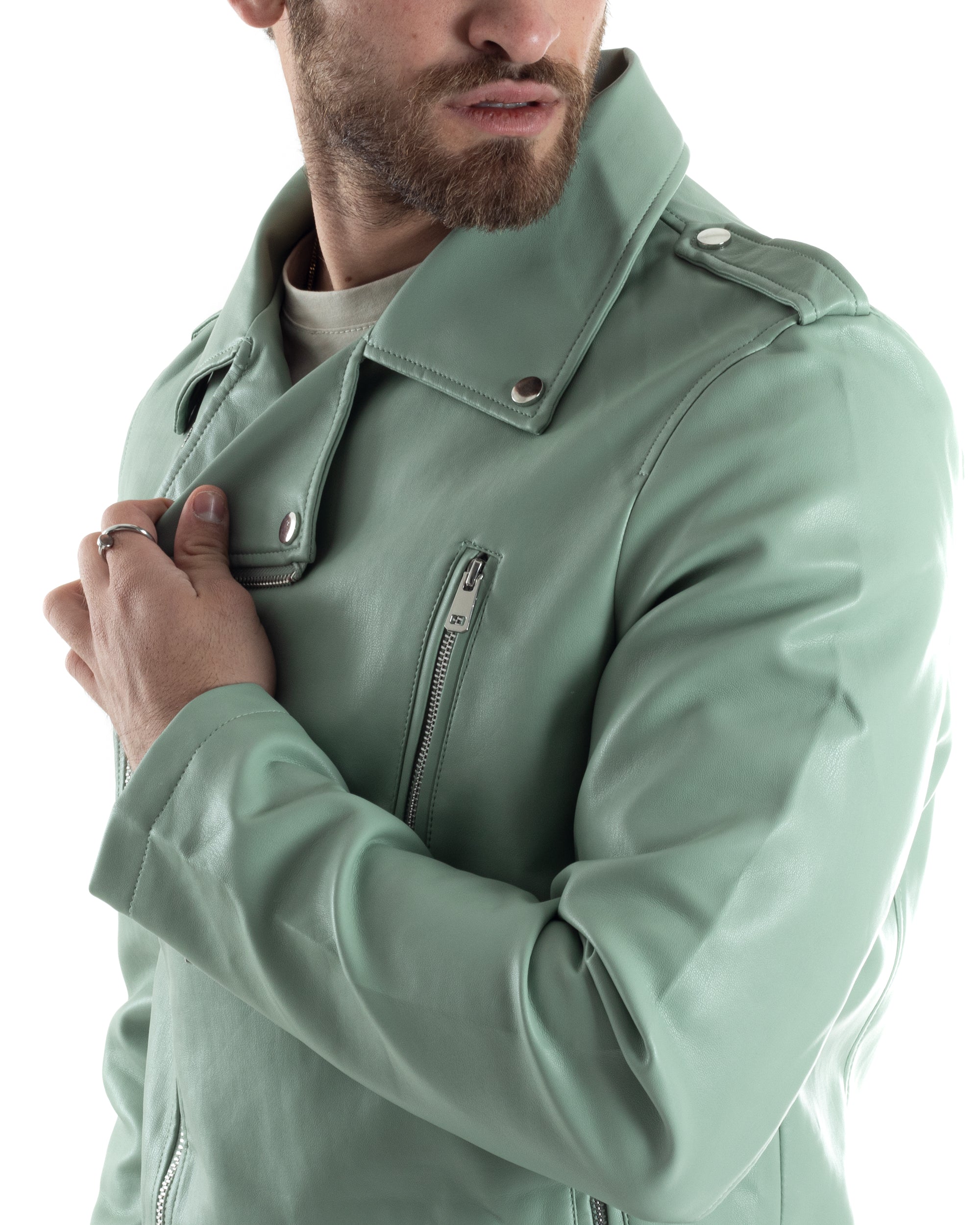 Men's Long Sleeve Solid Color Water Green Faux Leather Casual Jacket GIOSAL-G3021A