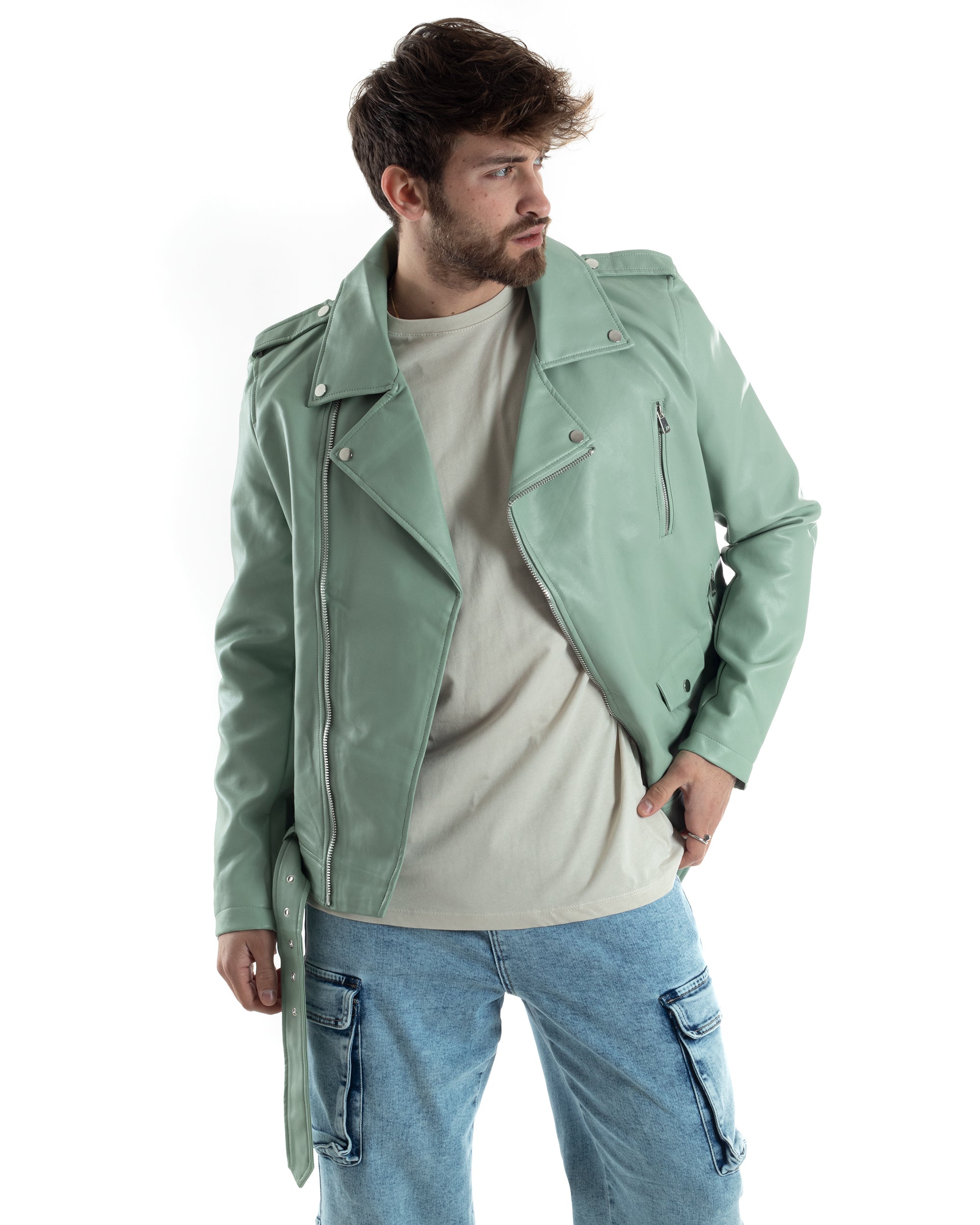 Men's Long Sleeve Solid Color Water Green Faux Leather Casual Jacket GIOSAL-G3021A