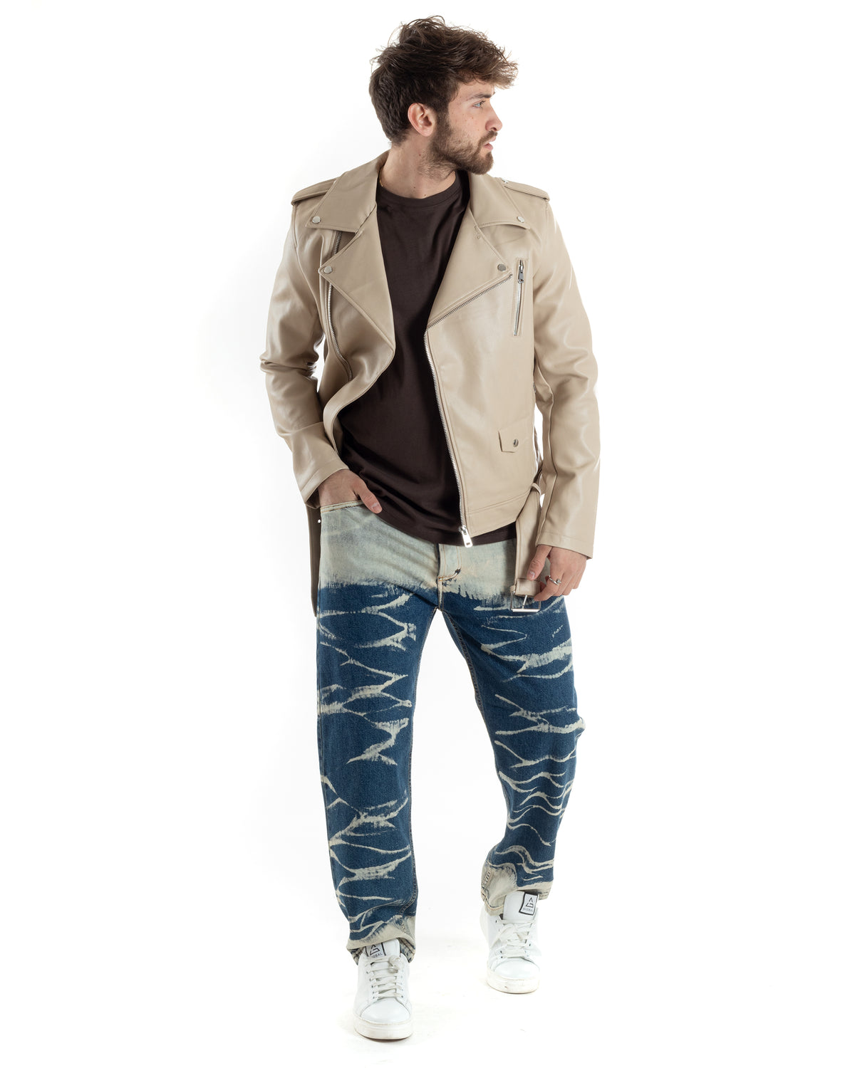 Giubbotto Uomo In Ecopelle Con Chiodi - Tinta Unita, Maniche Lunghe, Tasche - Vestibilità Regular Fit