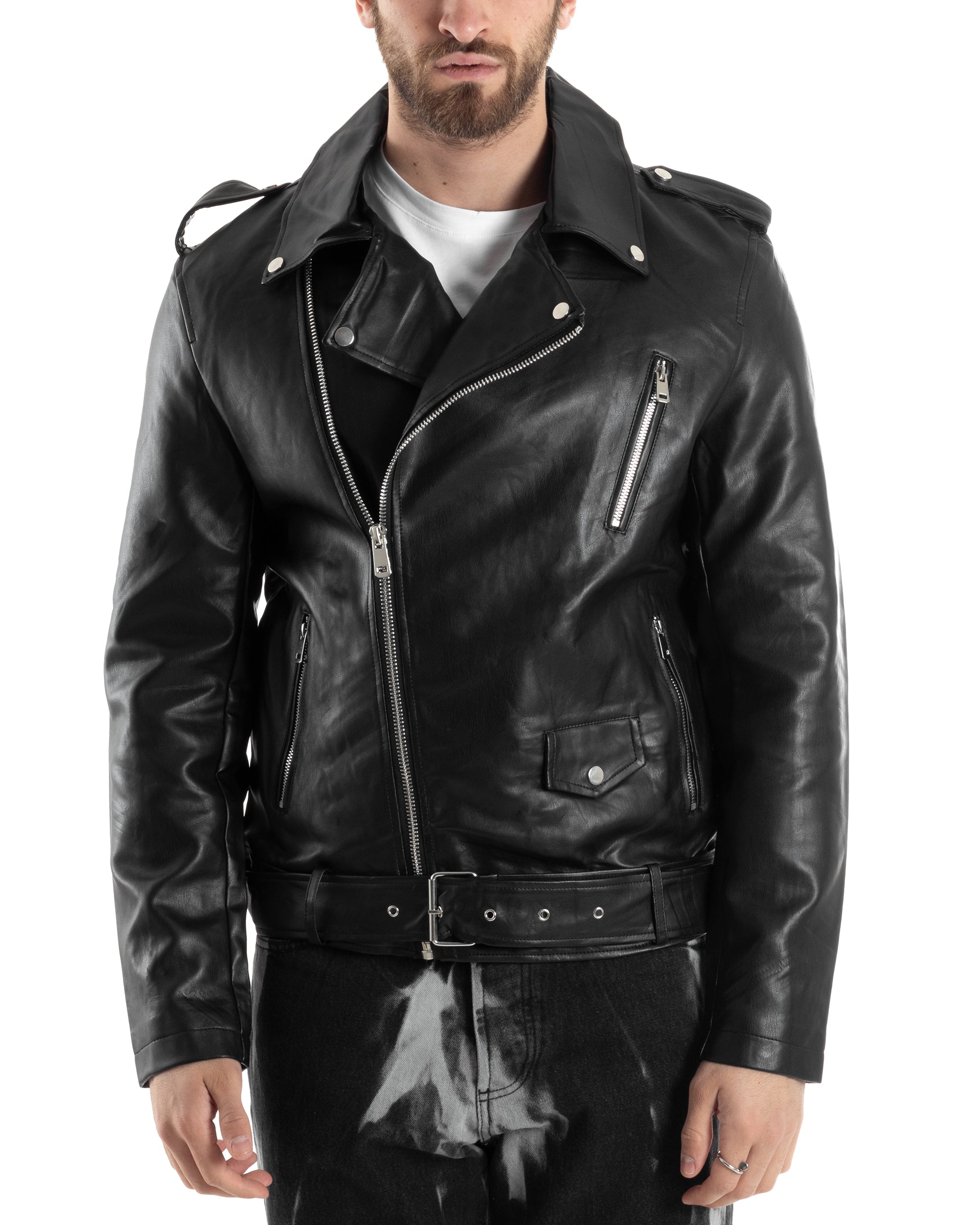 Men's Long Sleeve Solid Color Faux Leather Jacket Black Casual Studded GIOSAL G2873A