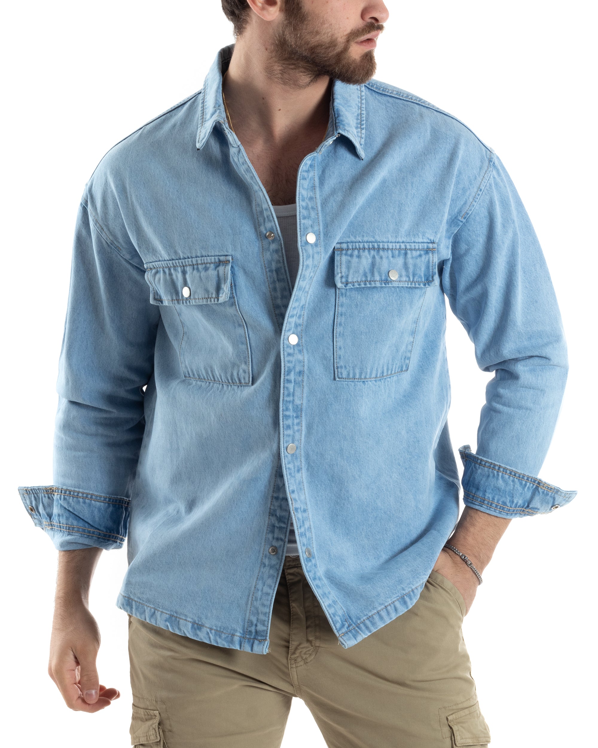 Giubbotto Jeans Uomo Camicione Camicia Con Colletto Giacca Basic Denim GIOSAL-G3171A