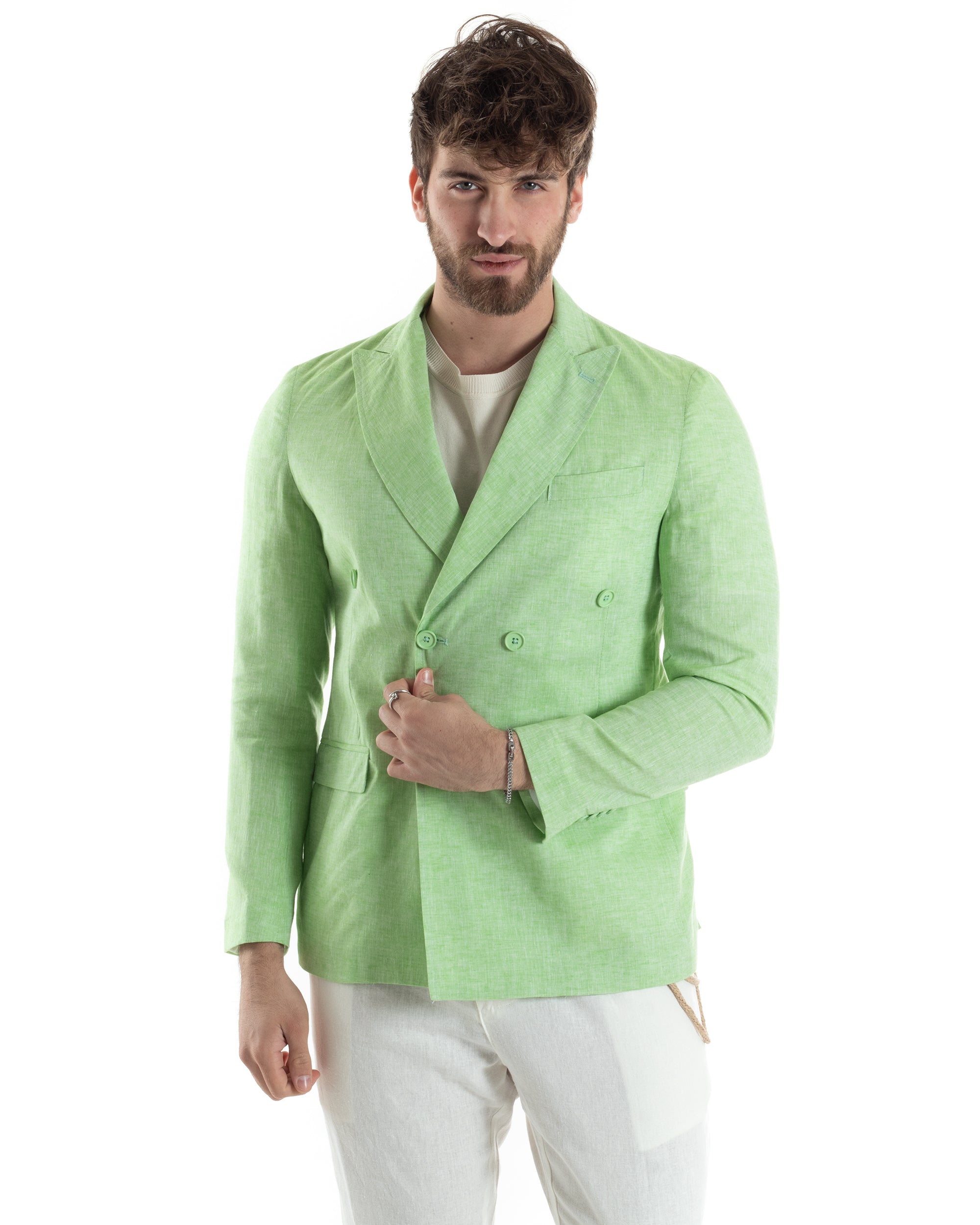 Men's Double-breasted Melange Linen Jacket Ceremony Elegant Casual Mud GIOSAL-G2837A