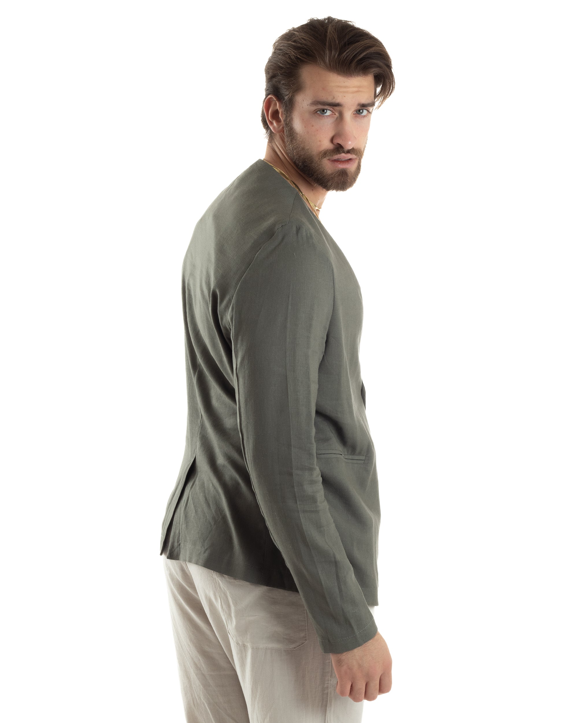 Giacca Uomo Monopetto In Lino Senza Rever Scollata Elegante Casual Tinta Unita Verde GIOSAL-G3193A