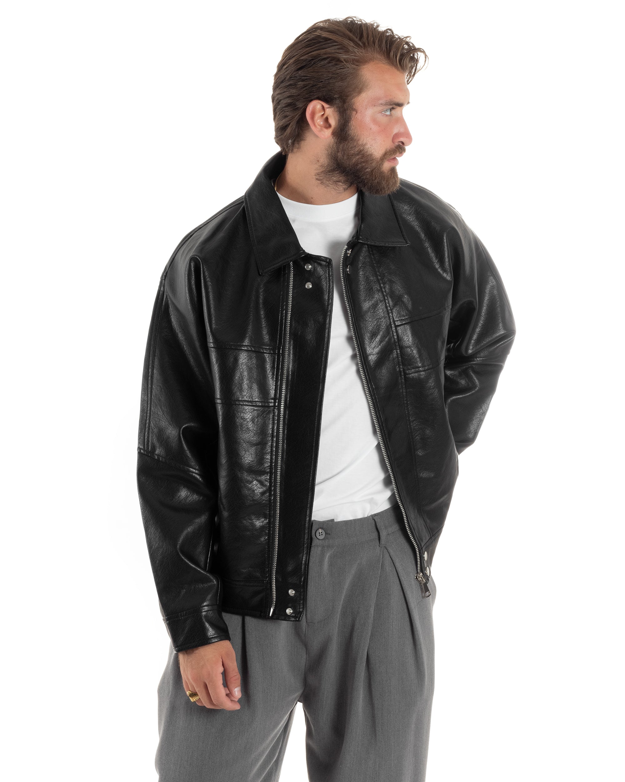 Giubbotto Uomo Ecopelle Giacca Oversize Con Colletto Bomber Casual Nero GIOSAL-G3203A