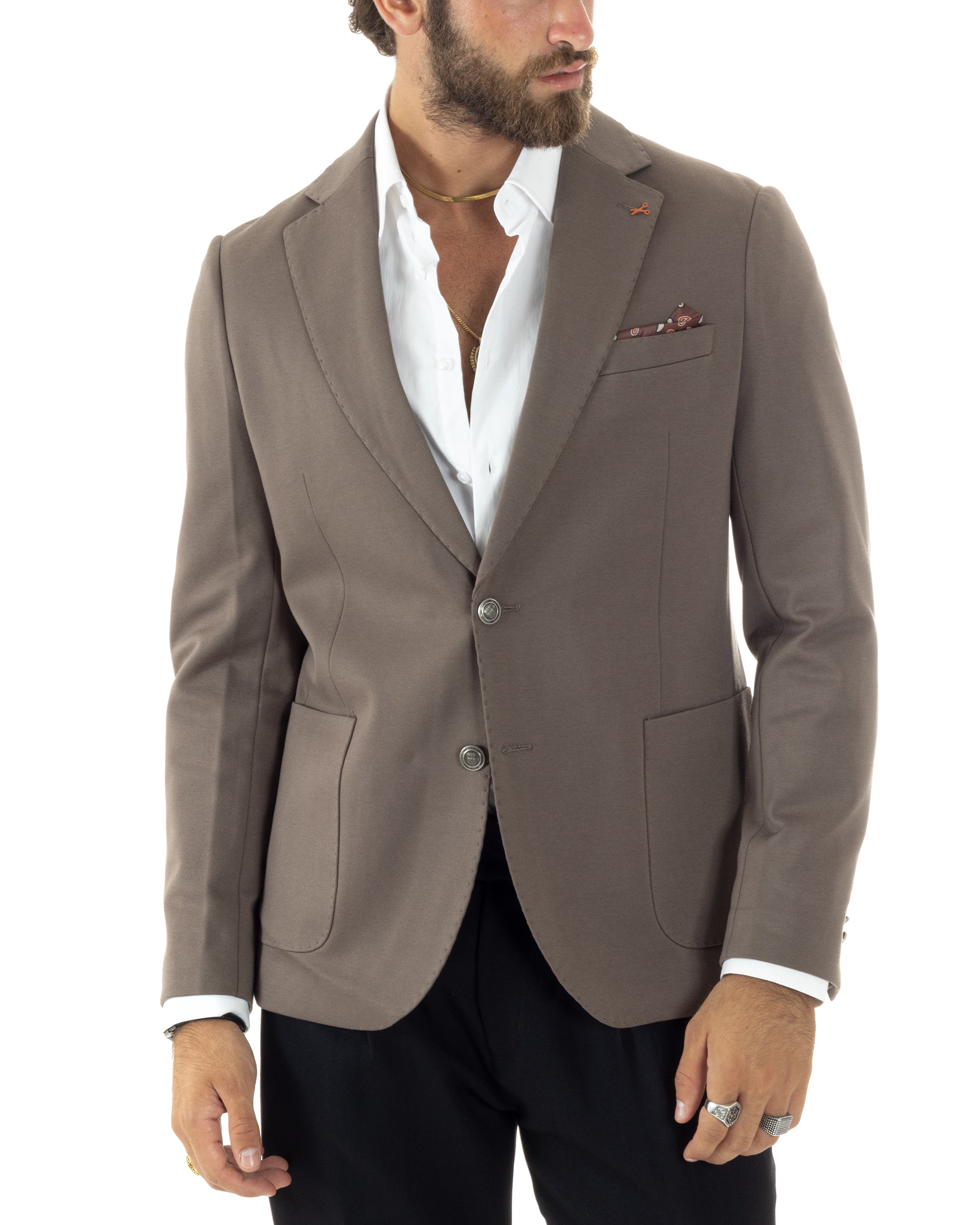 Giacca Uomo Monopetto Sartoriale Con Bottoni Metallo Cerimonia Elegante Casual Fango GIOSAL-G3205A