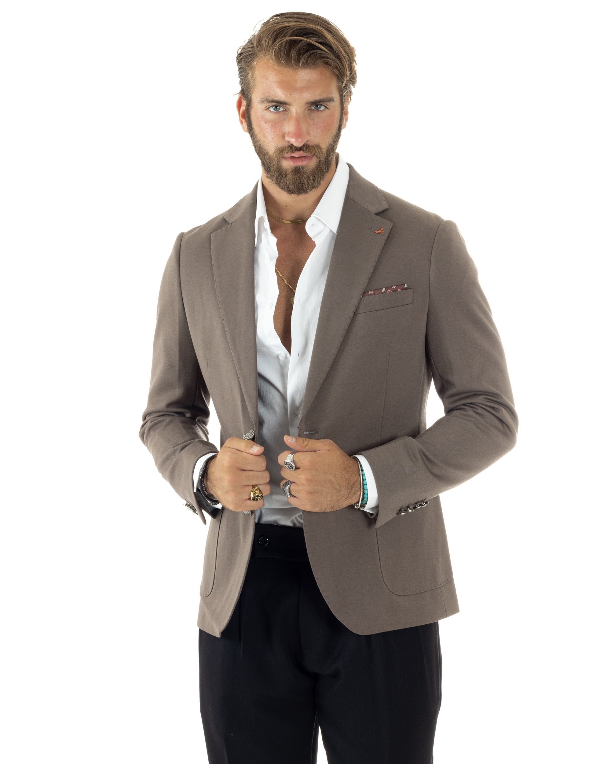 Giacca Uomo Monopetto Sartoriale Con Bottoni Metallo Cerimonia Elegante Casual Fango GIOSAL-G3205A