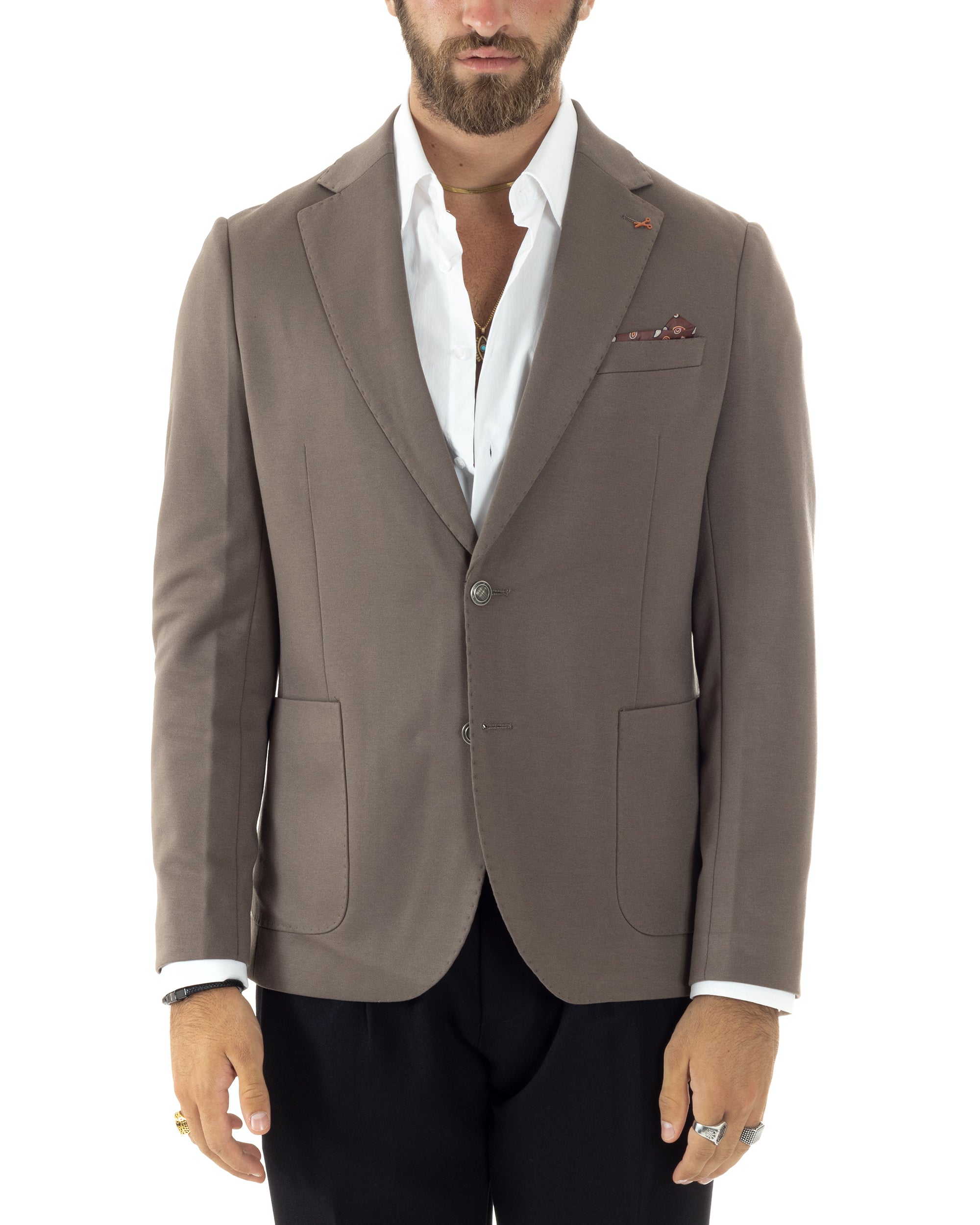 Giacca Uomo Monopetto Sartoriale Con Bottoni Metallo Cerimonia Elegante Casual Fango GIOSAL-G3205A