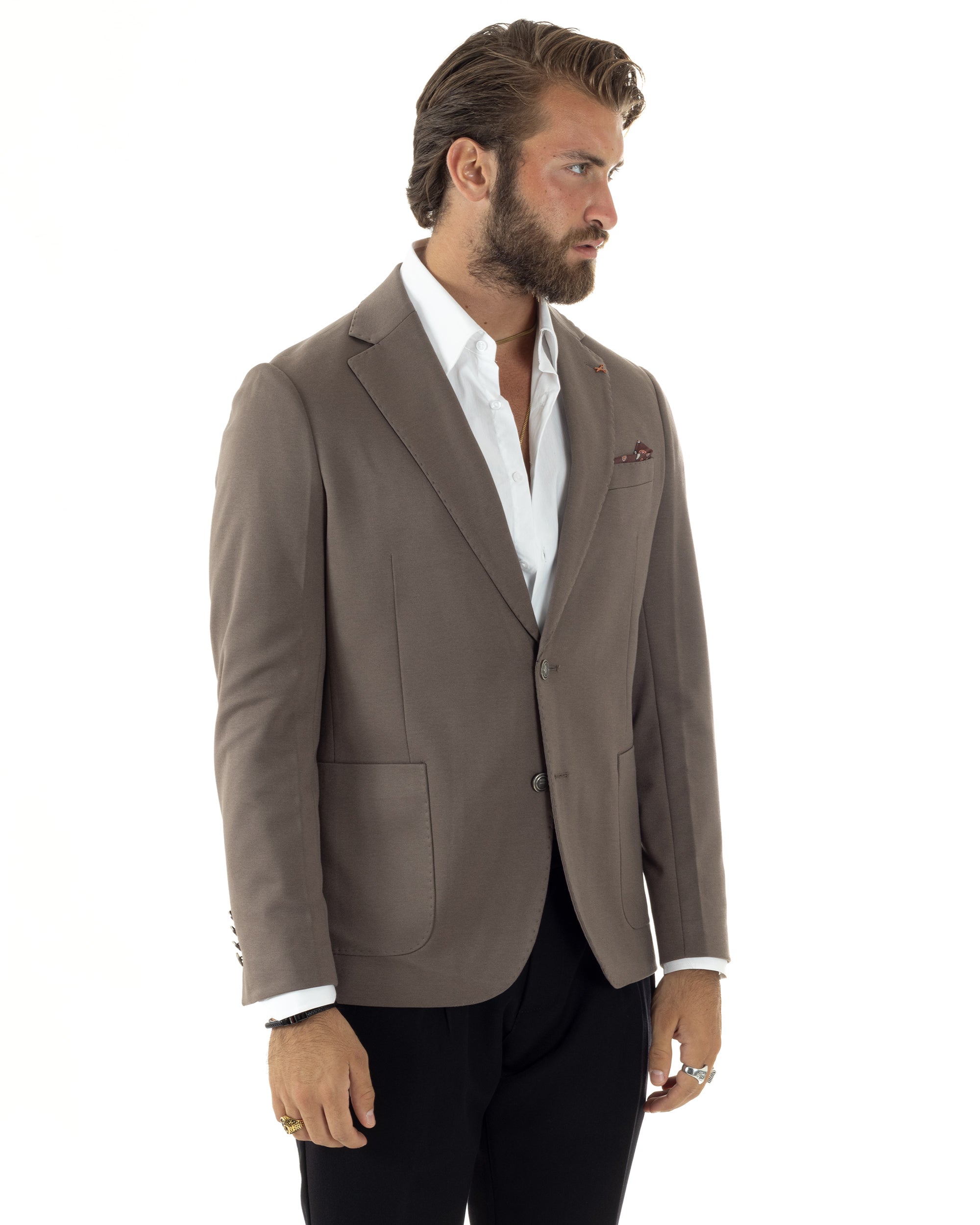 Giacca Uomo Monopetto Sartoriale Con Bottoni Metallo Cerimonia Elegante Casual Fango GIOSAL-G3205A