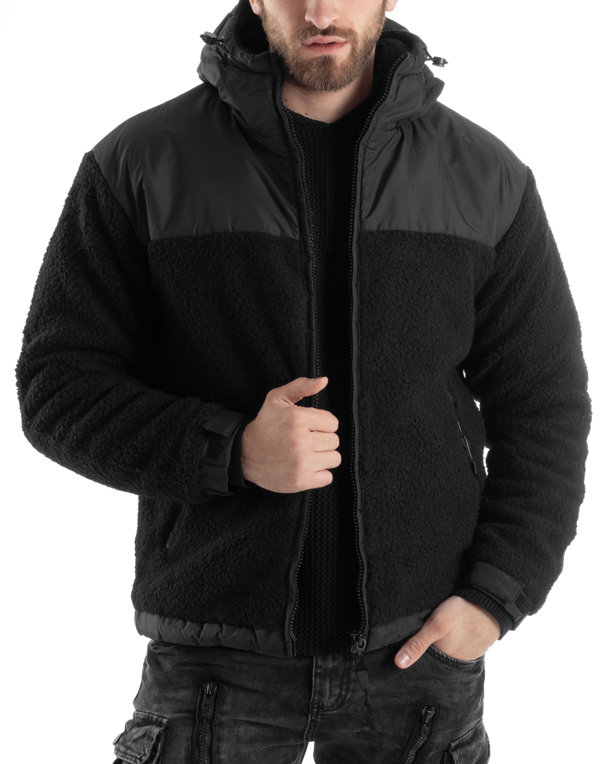 Giubbotto Uomo Bomber Con Pelliccia Puffer Con Cappuccio Opaco Teddy Nero GIOSAL-G3209A