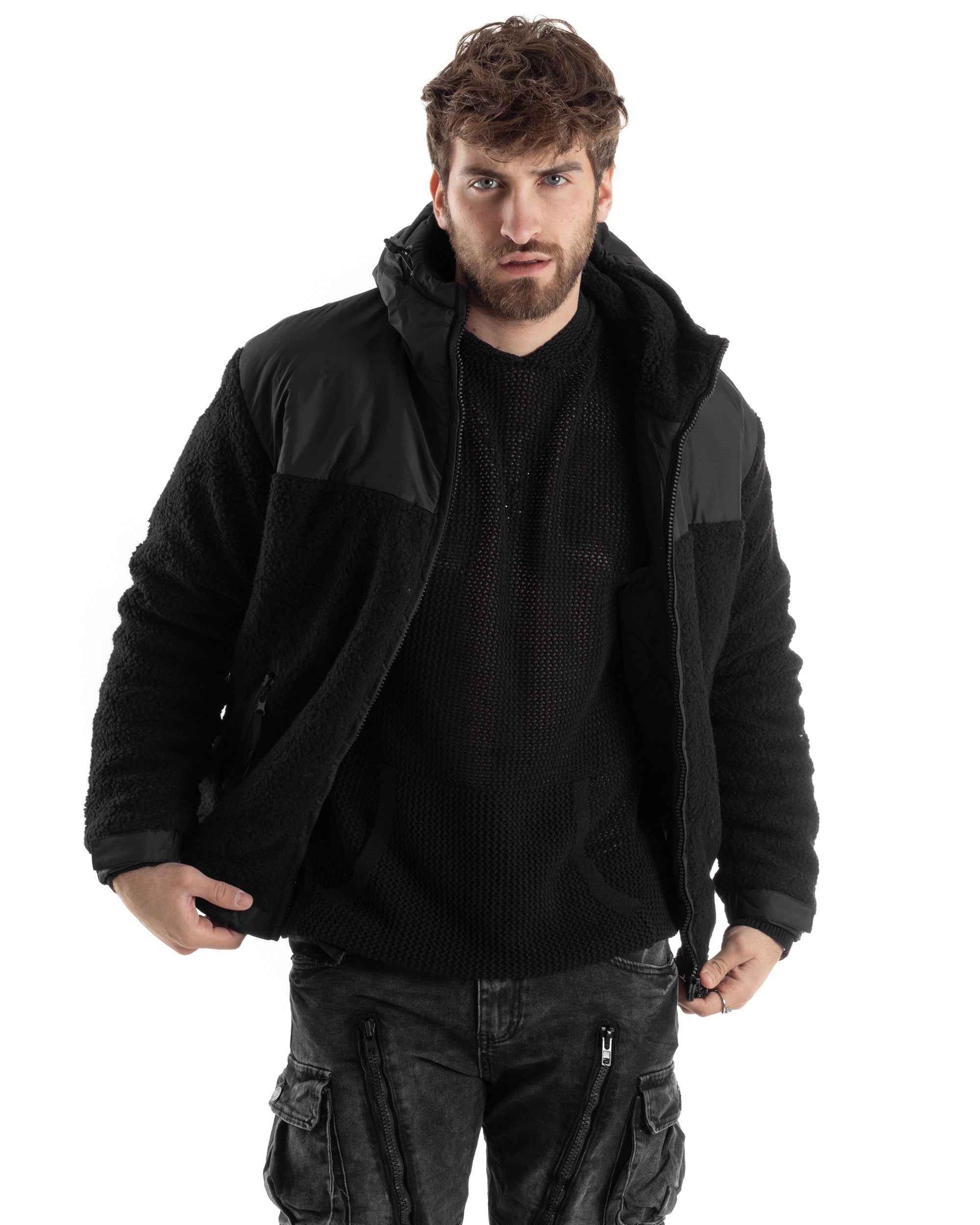 Giubbotto Uomo Bomber Con Pelliccia Puffer Con Cappuccio Opaco Teddy Nero GIOSAL-G3209A