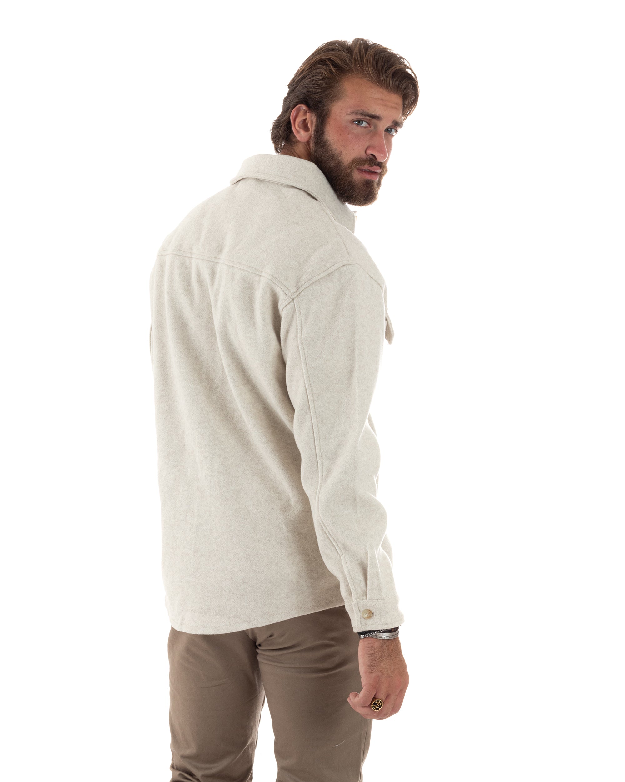 Giacca Giubbotto Uomo Con Colletto Camicia Con Tasche Lanetta Casual Comoda Relaxed Fit Panna GIOSAL-G3215A