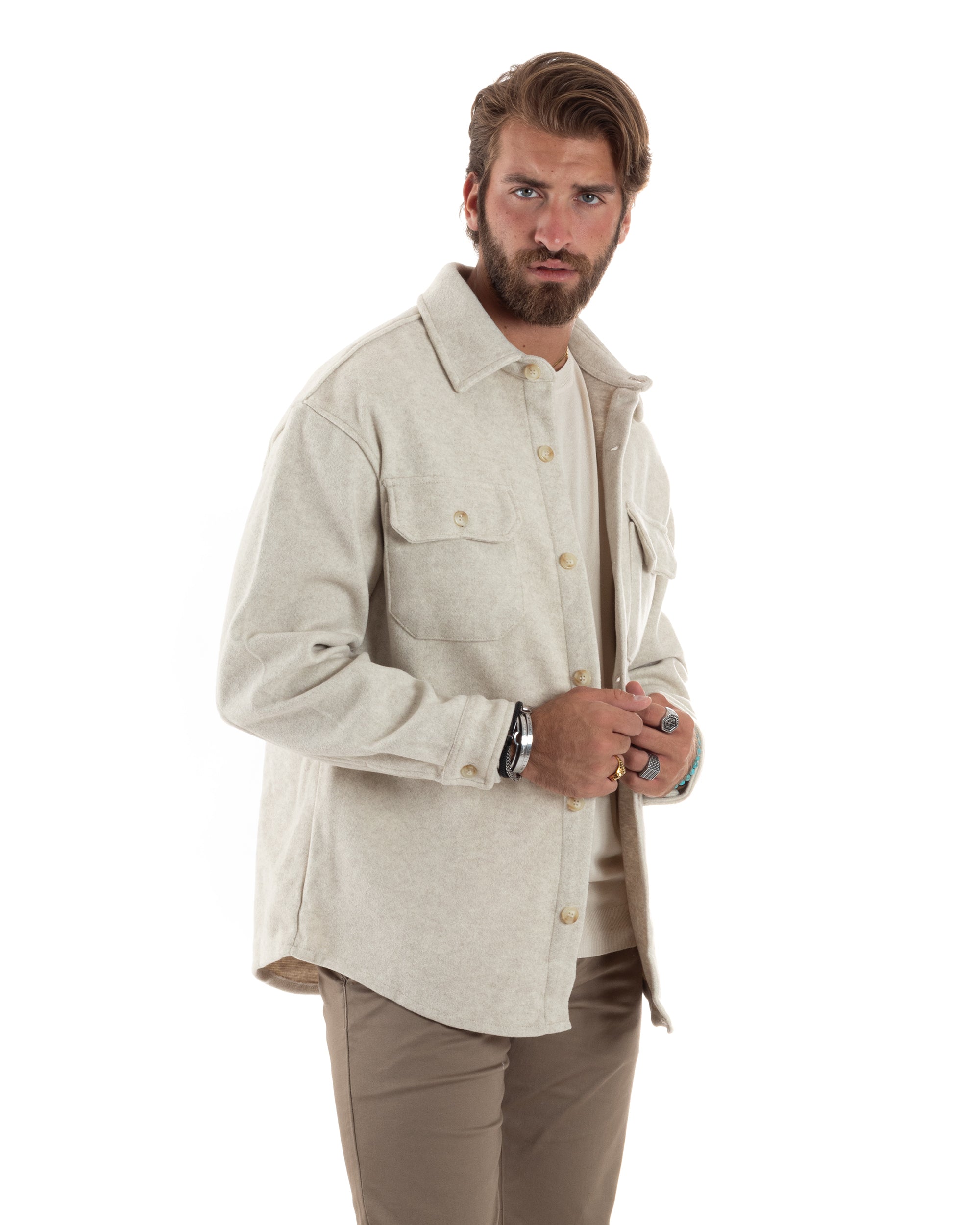 Giacca Giubbotto Uomo Con Colletto Camicia Con Tasche Lanetta Casual Comoda Relaxed Fit Panna GIOSAL-G3215A