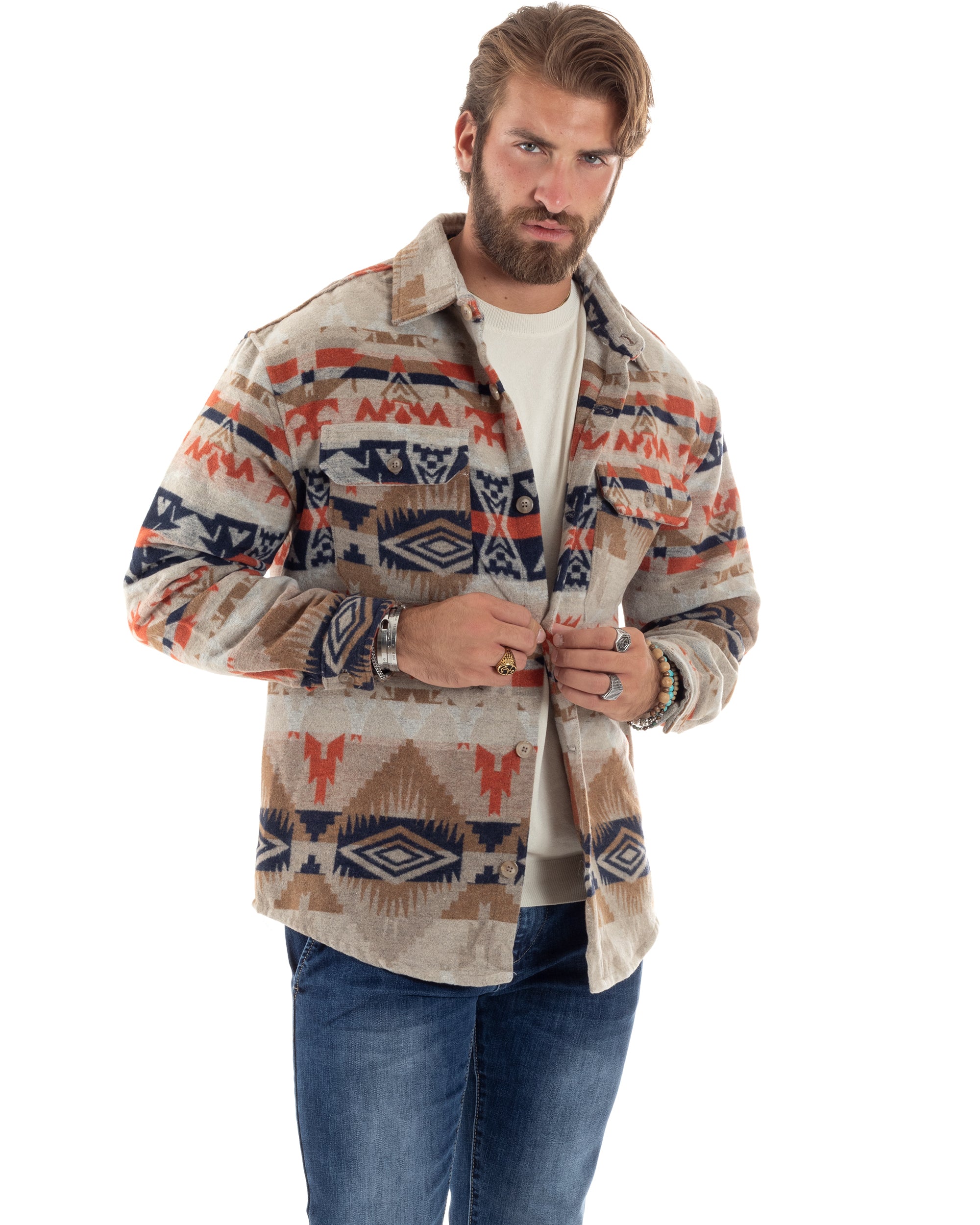 Giacca Giubbotto Uomo Camicione Con Colletto Lanetta Calda Con Bottoncini Casual Fantasia Azteca Etnica Beige GIOSAL-G3218A