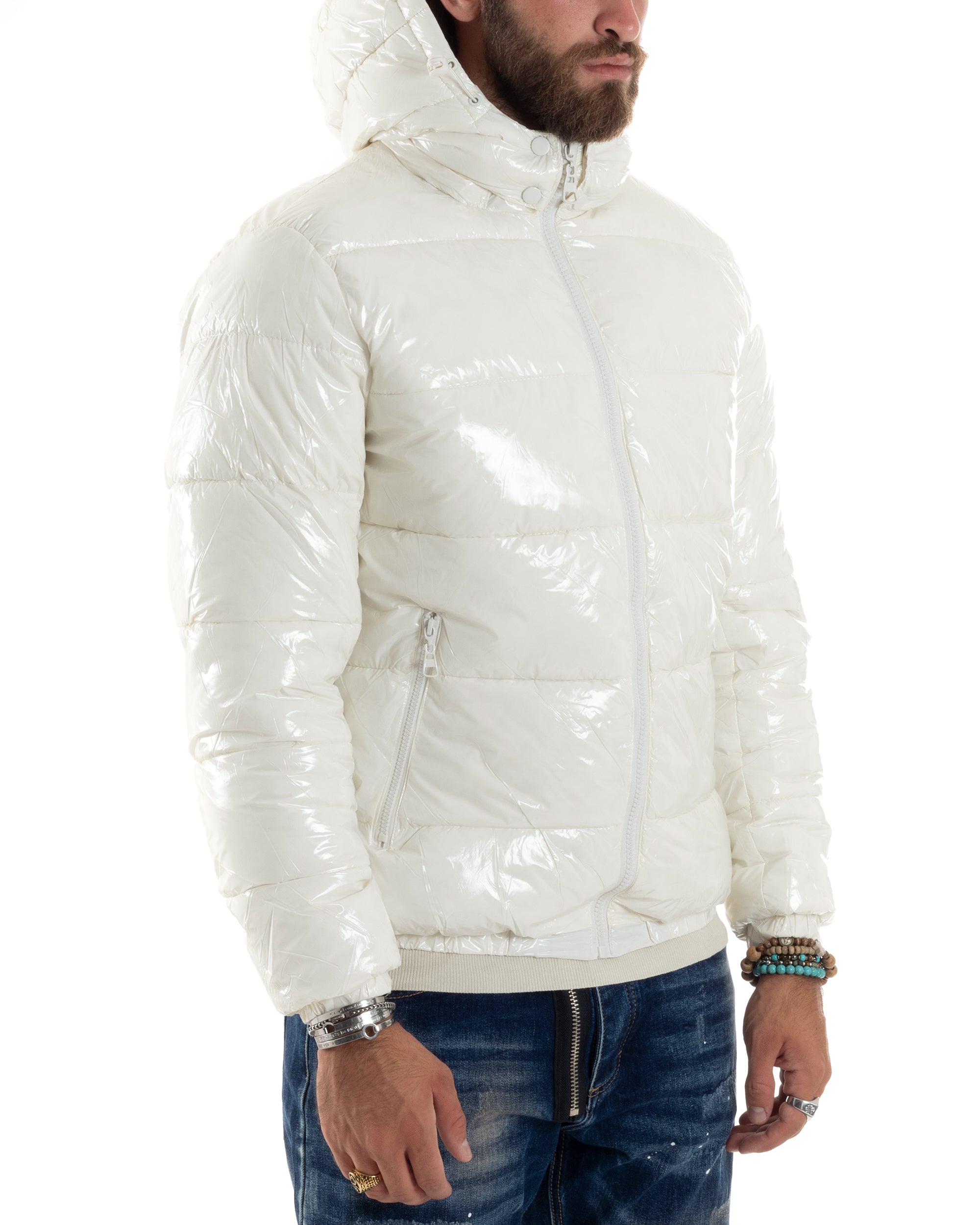 Giubbotto Uomo Vernice Lucido Bomber Con Cappuccio Puffer Piumino Trapuntato Tinta Unita Bianco GIOSAL-G3219A