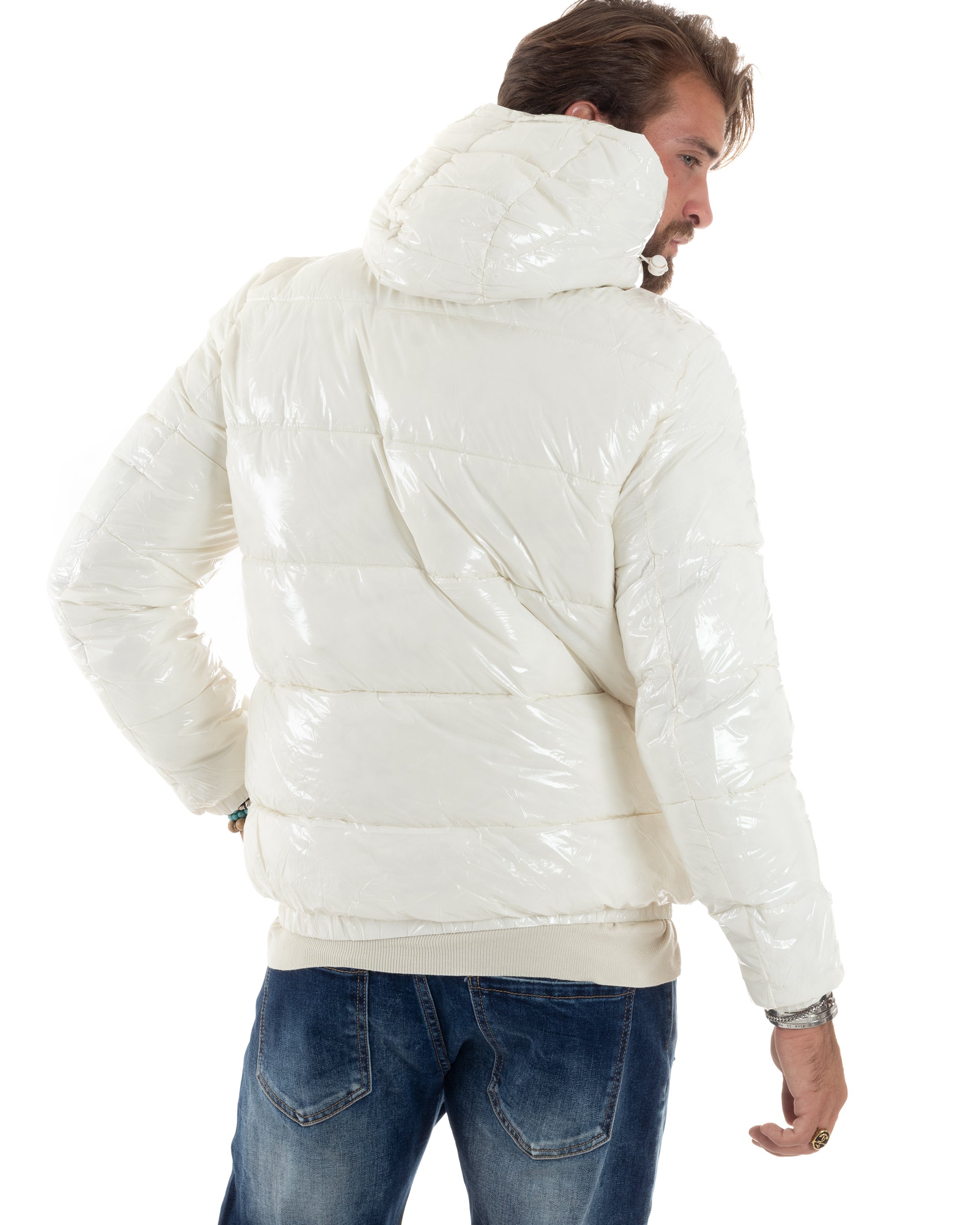 Giubbotto Uomo Vernice Lucido Bomber Con Cappuccio Puffer Piumino Trapuntato Tinta Unita Bianco GIOSAL-G3219A