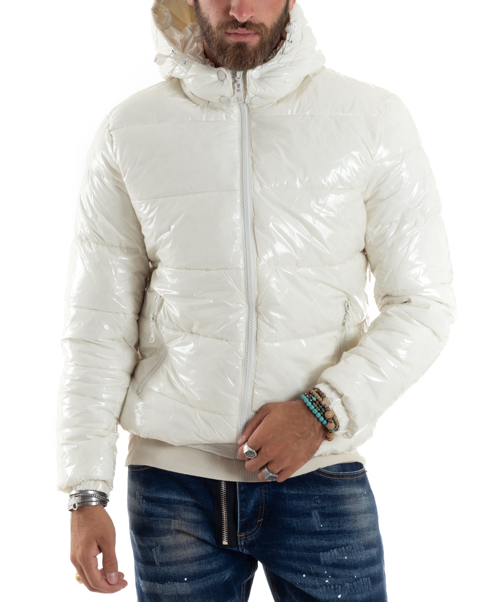 Giubbotto Uomo Vernice Lucido Bomber Con Cappuccio Puffer Piumino Trapuntato Tinta Unita Bianco GIOSAL-G3219A