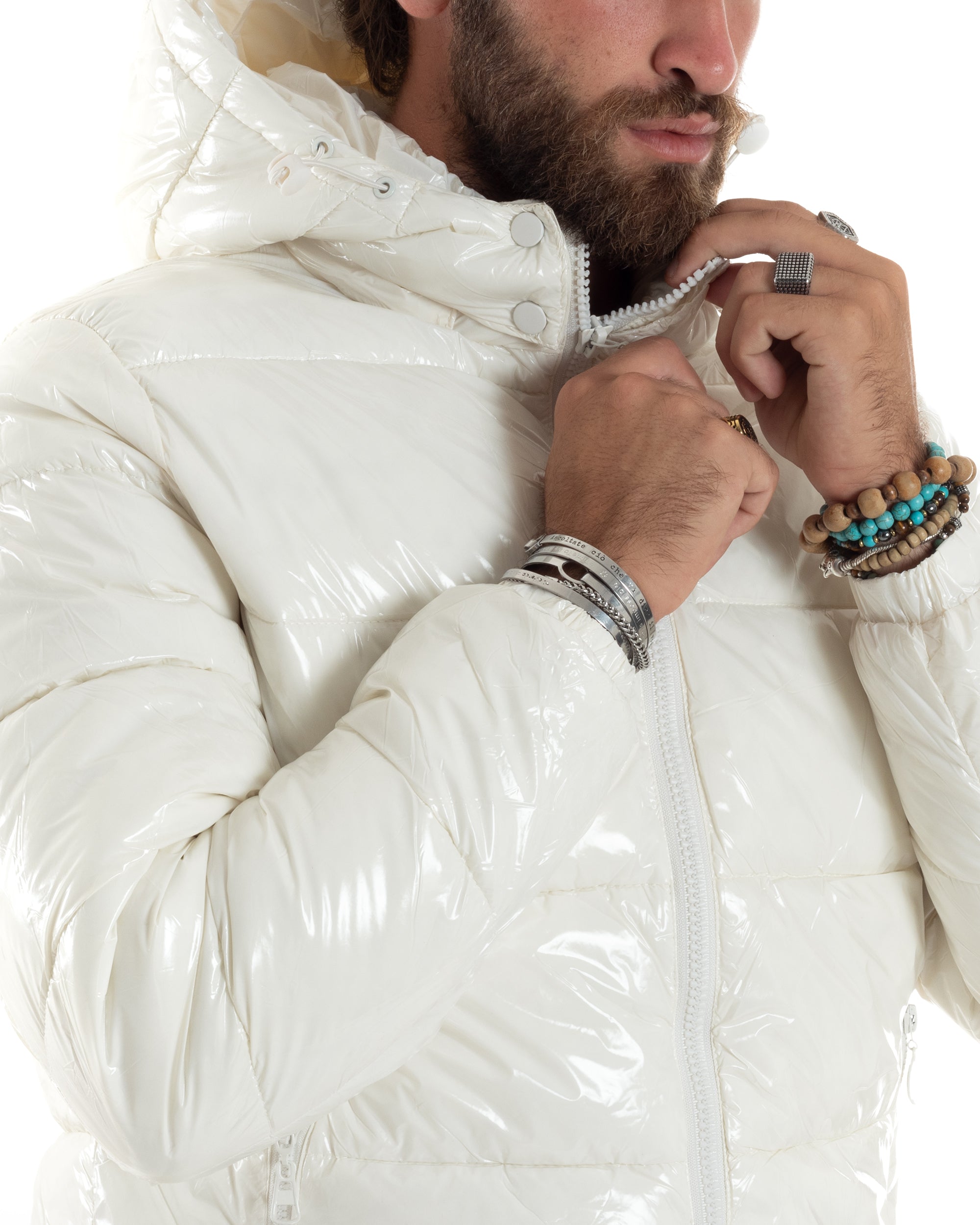 Giubbotto Uomo Vernice Lucido Bomber Con Cappuccio Puffer Piumino Trapuntato Tinta Unita Bianco GIOSAL-G3219A