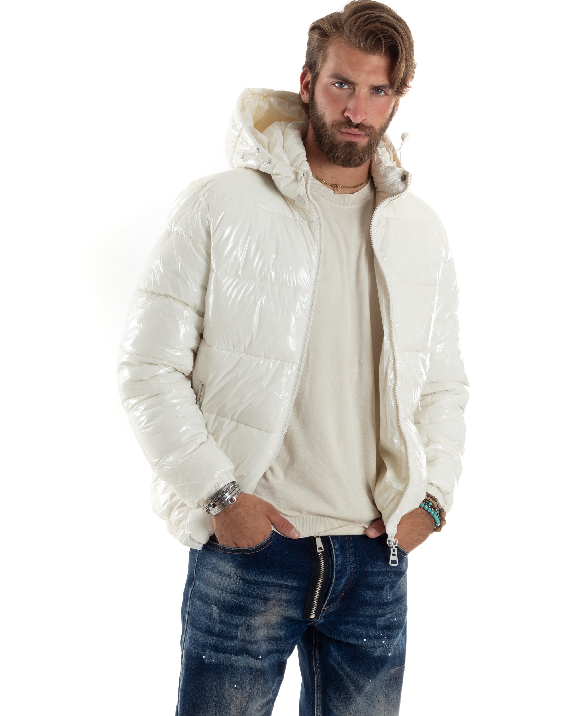 Giubbotto Uomo Vernice Lucido Bomber Con Cappuccio Puffer Piumino Trapuntato Tinta Unita Bianco GIOSAL-G3219A