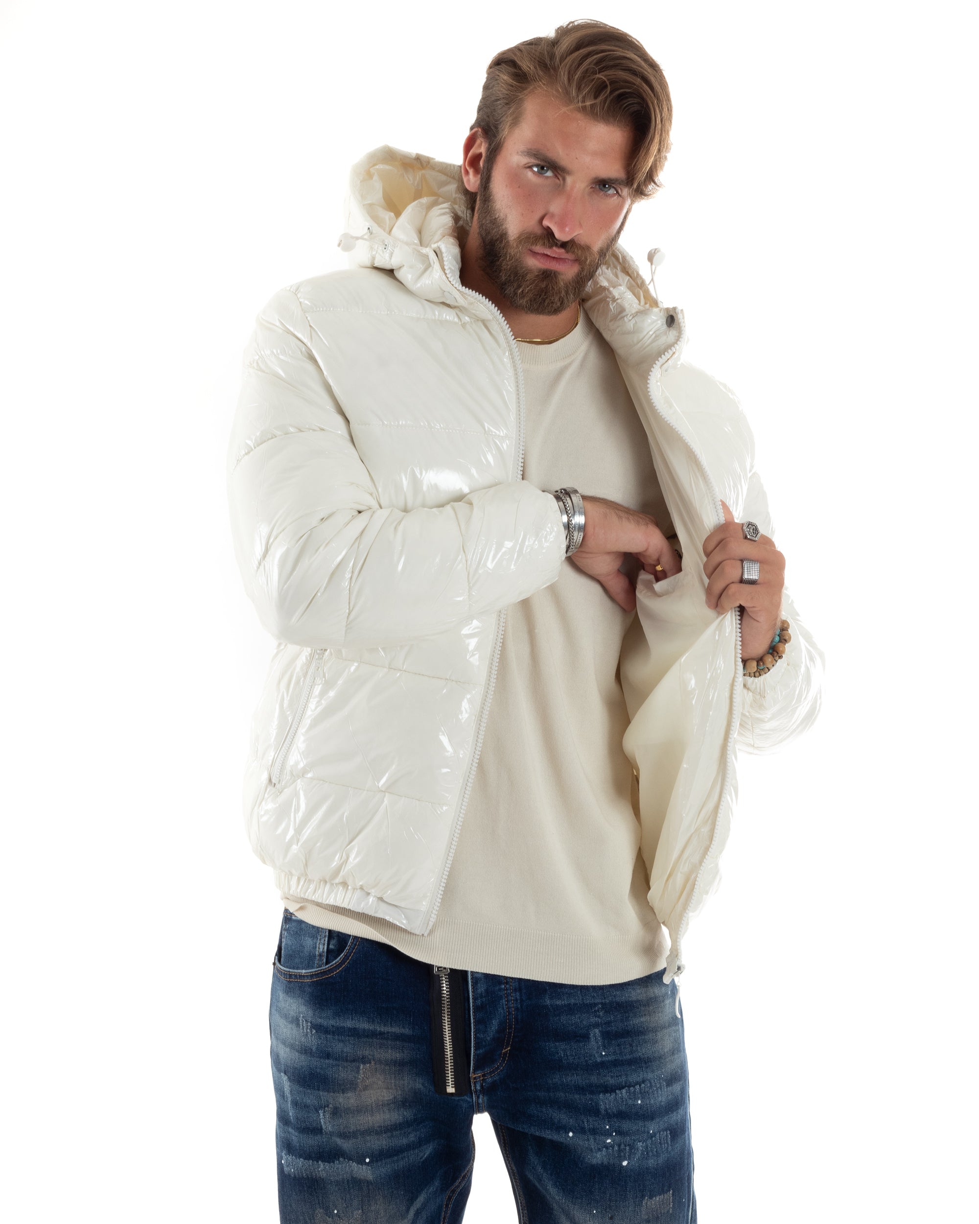 Giubbotto Uomo Vernice Lucido Bomber Con Cappuccio Puffer Piumino Trapuntato Tinta Unita Bianco GIOSAL-G3219A