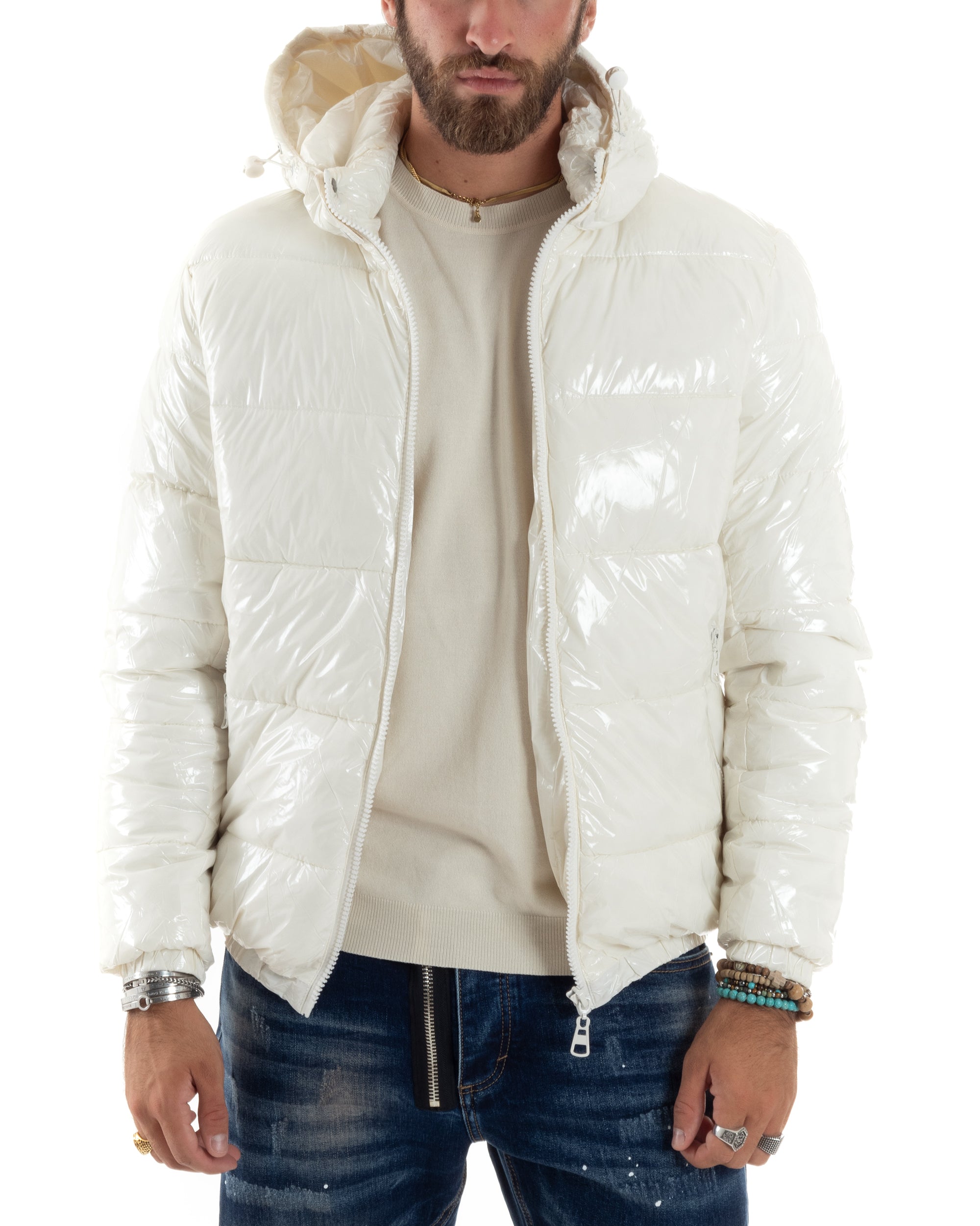 Giubbotto Uomo Vernice Lucido Bomber Con Cappuccio Puffer Piumino Trapuntato Tinta Unita Bianco GIOSAL-G3219A