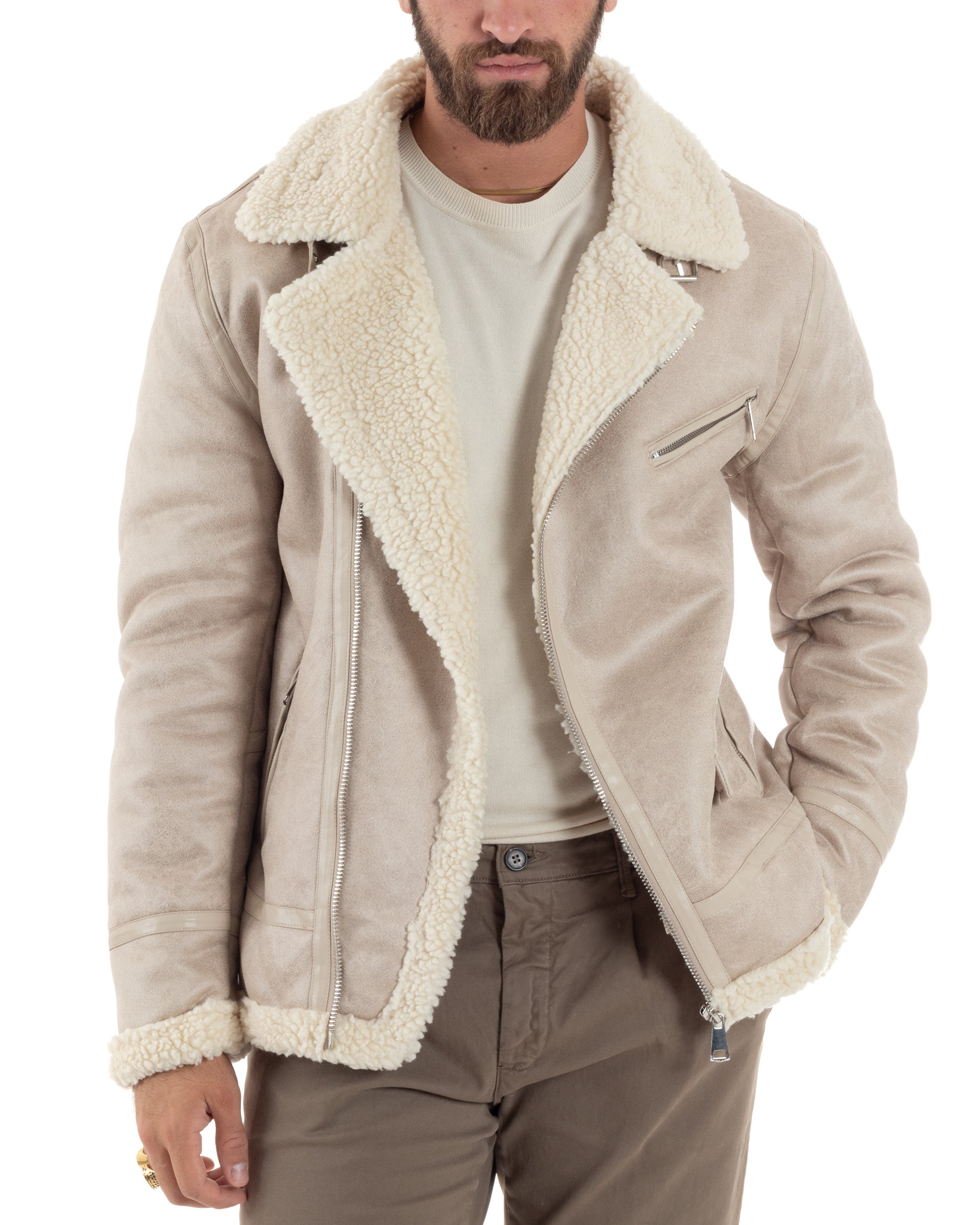 Giubbotto Montone Uomo Camoscio Imbottito Chiodo Caldo Giacca Aviatore Con Zip Con Collo In Pelliccia Casual Beige GIOSAL-G3221A