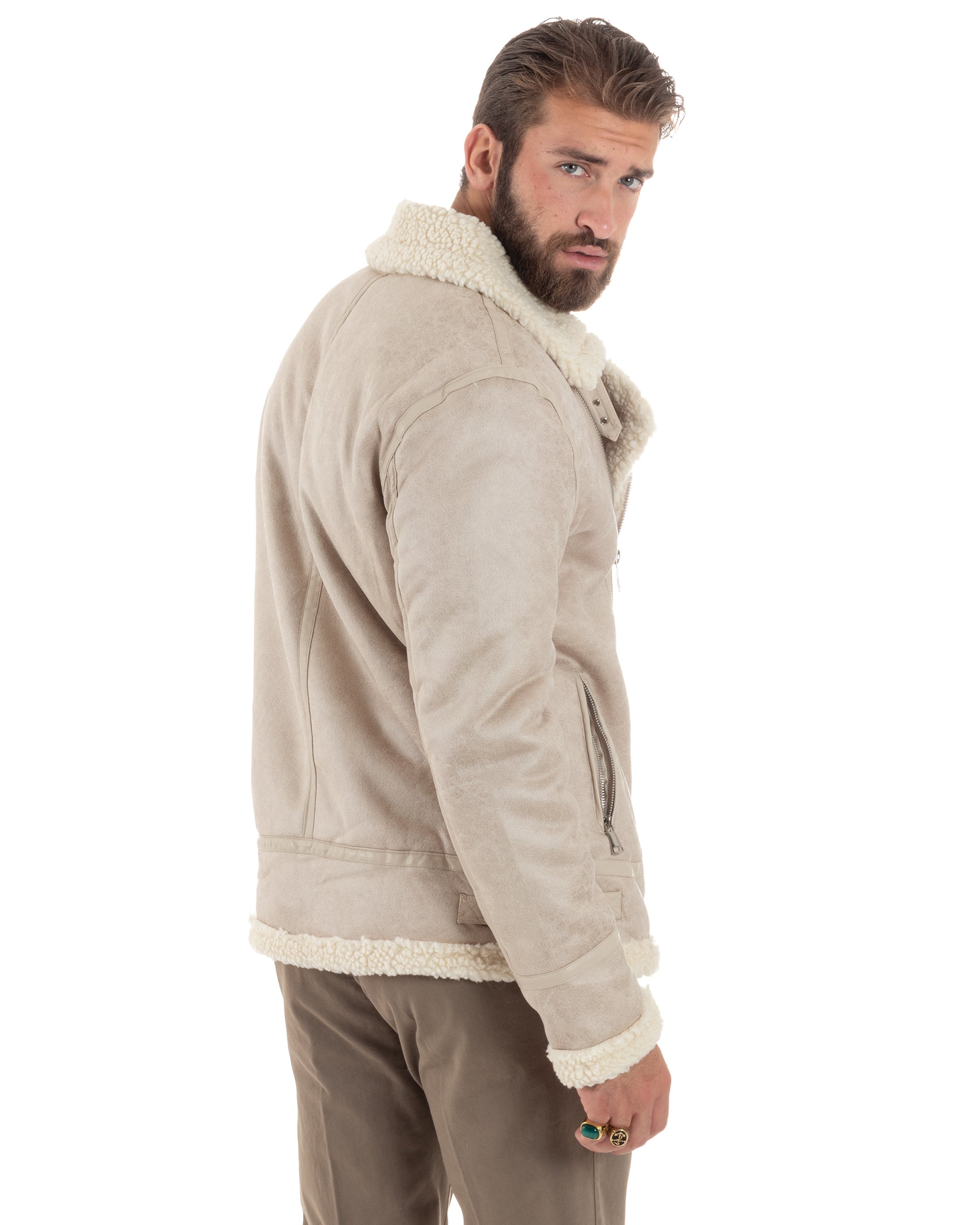 Giubbotto Montone Uomo Camoscio Imbottito Chiodo Caldo Giacca Aviatore Con Zip Con Collo In Pelliccia Casual Beige GIOSAL-G3221A