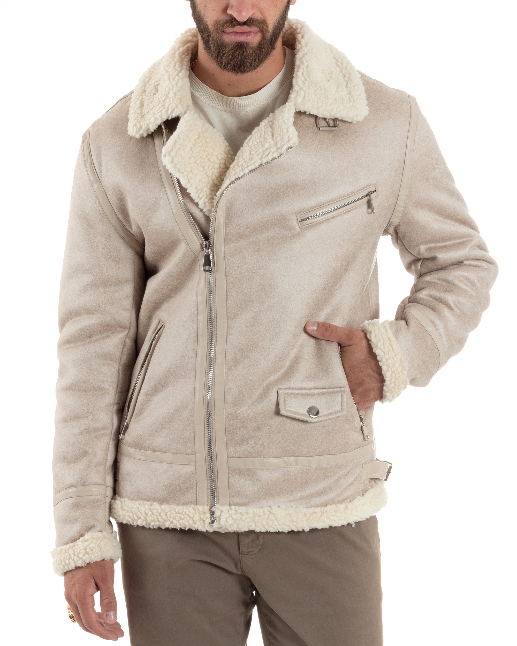 Giubbotto Montone Uomo Camoscio Imbottito Chiodo Caldo Giacca Aviatore Con Zip Con Collo In Pelliccia Casual Beige GIOSAL-G3221A