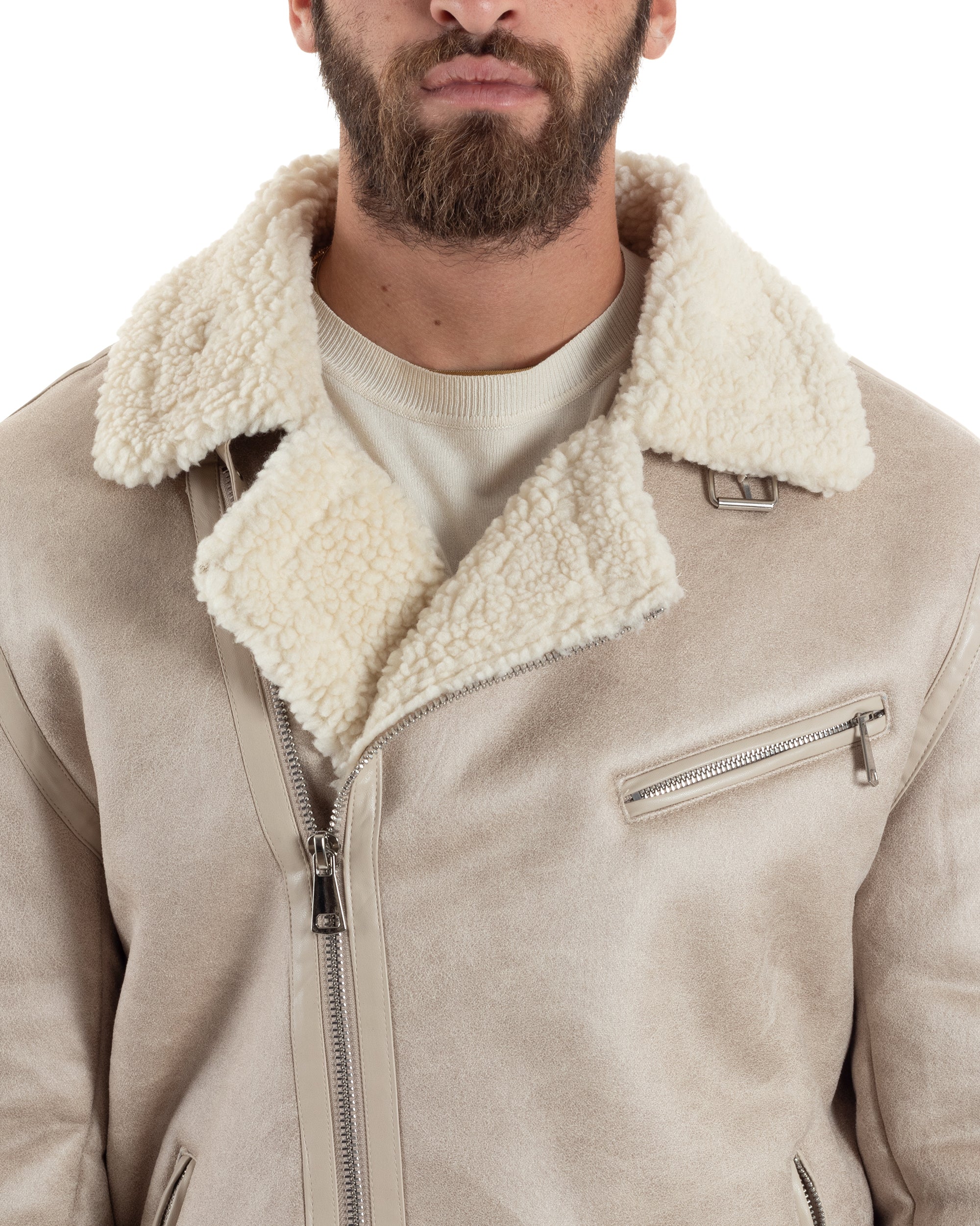 Giubbotto Montone Uomo Camoscio Imbottito Chiodo Caldo Giacca Aviatore Con Zip Con Collo In Pelliccia Casual Beige GIOSAL-G3221A