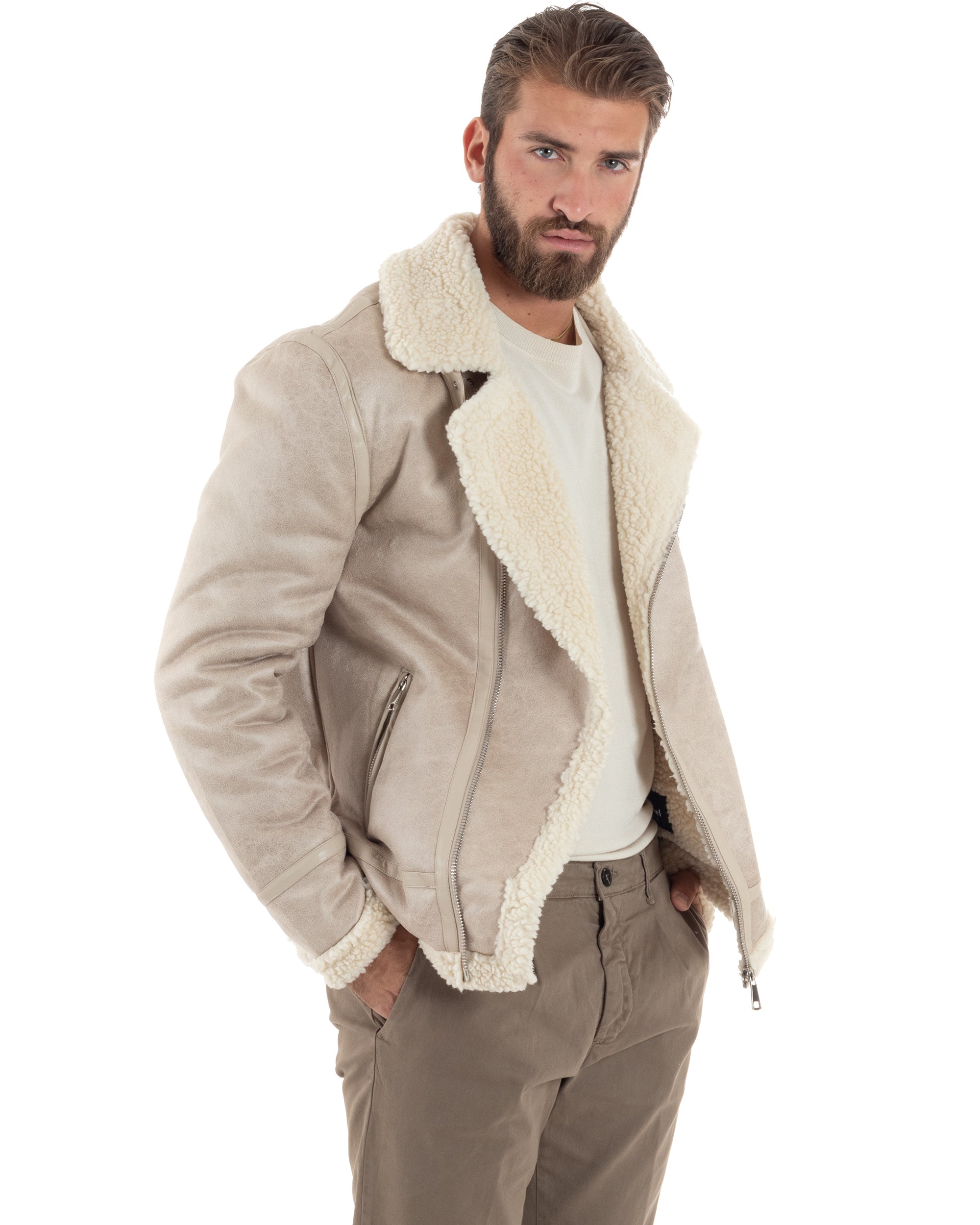 Giubbotto Montone Uomo Camoscio Imbottito Chiodo Caldo Giacca Aviatore Con Zip Con Collo In Pelliccia Casual Beige GIOSAL-G3221A