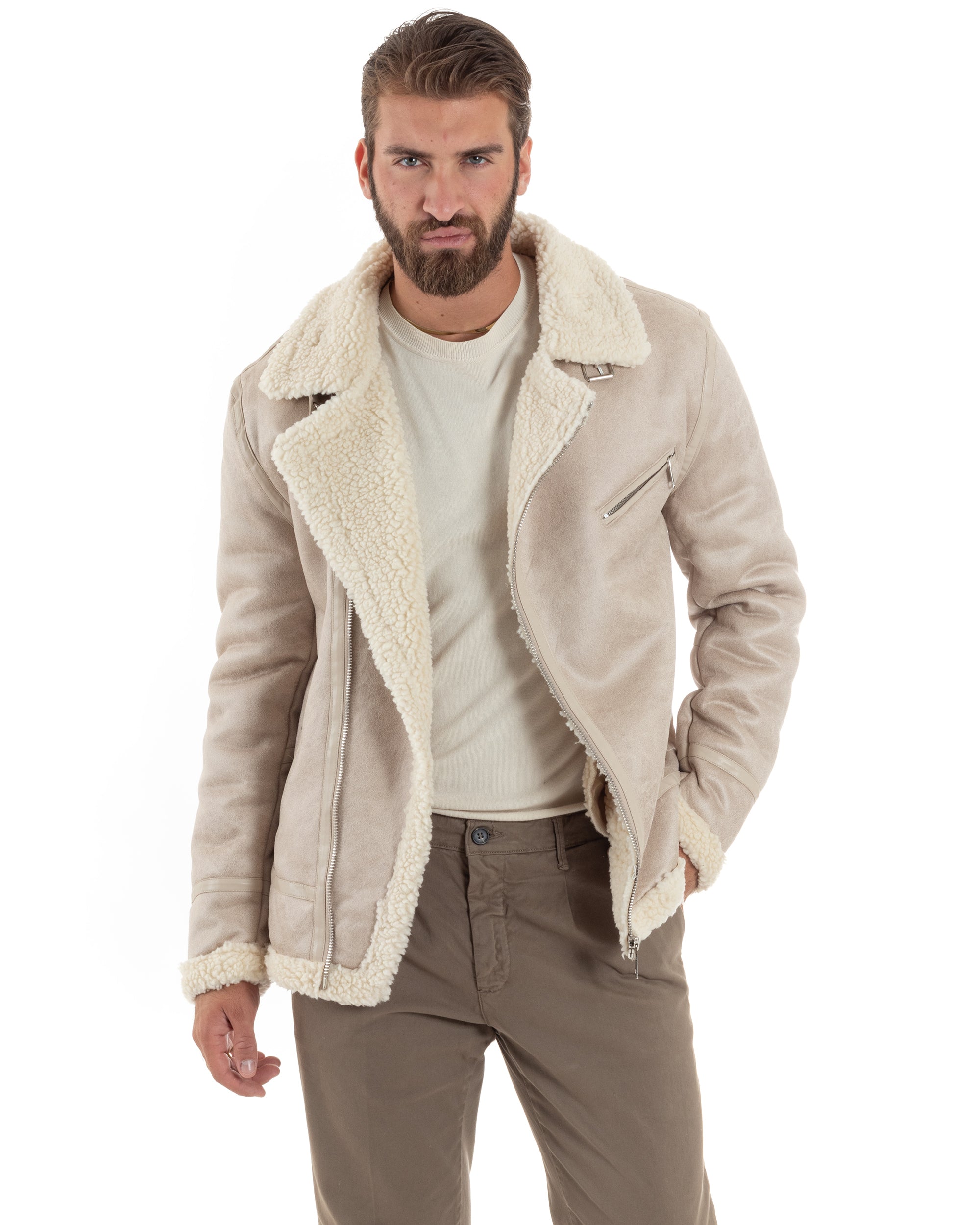 Giubbotto Montone Uomo Camoscio Imbottito Chiodo Caldo Giacca Aviatore Con Zip Con Collo In Pelliccia Casual Beige GIOSAL-G3221A