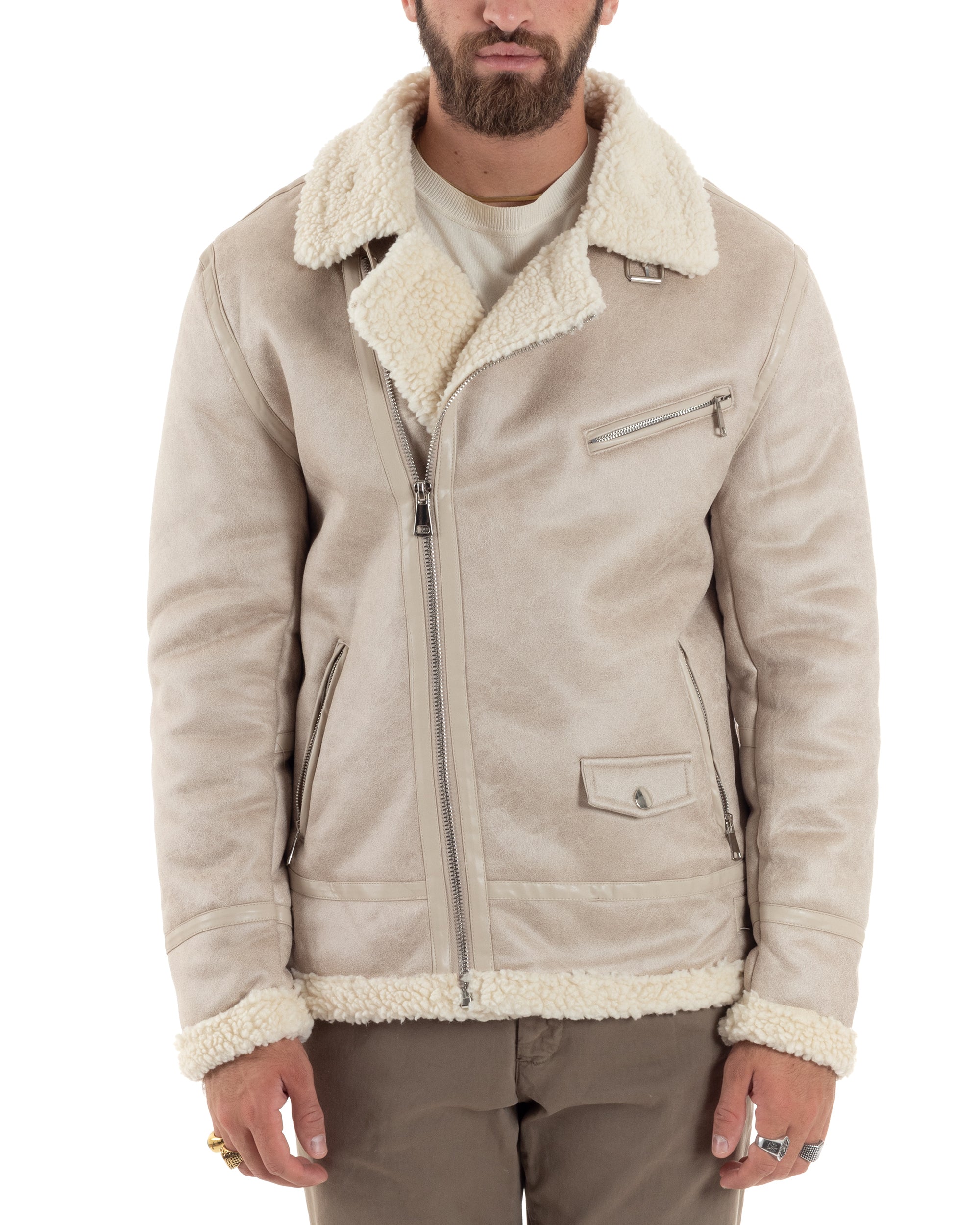 Giubbotto Montone Uomo Camoscio Imbottito Chiodo Caldo Giacca Aviatore Con Zip Con Collo In Pelliccia Casual Beige GIOSAL-G3221A