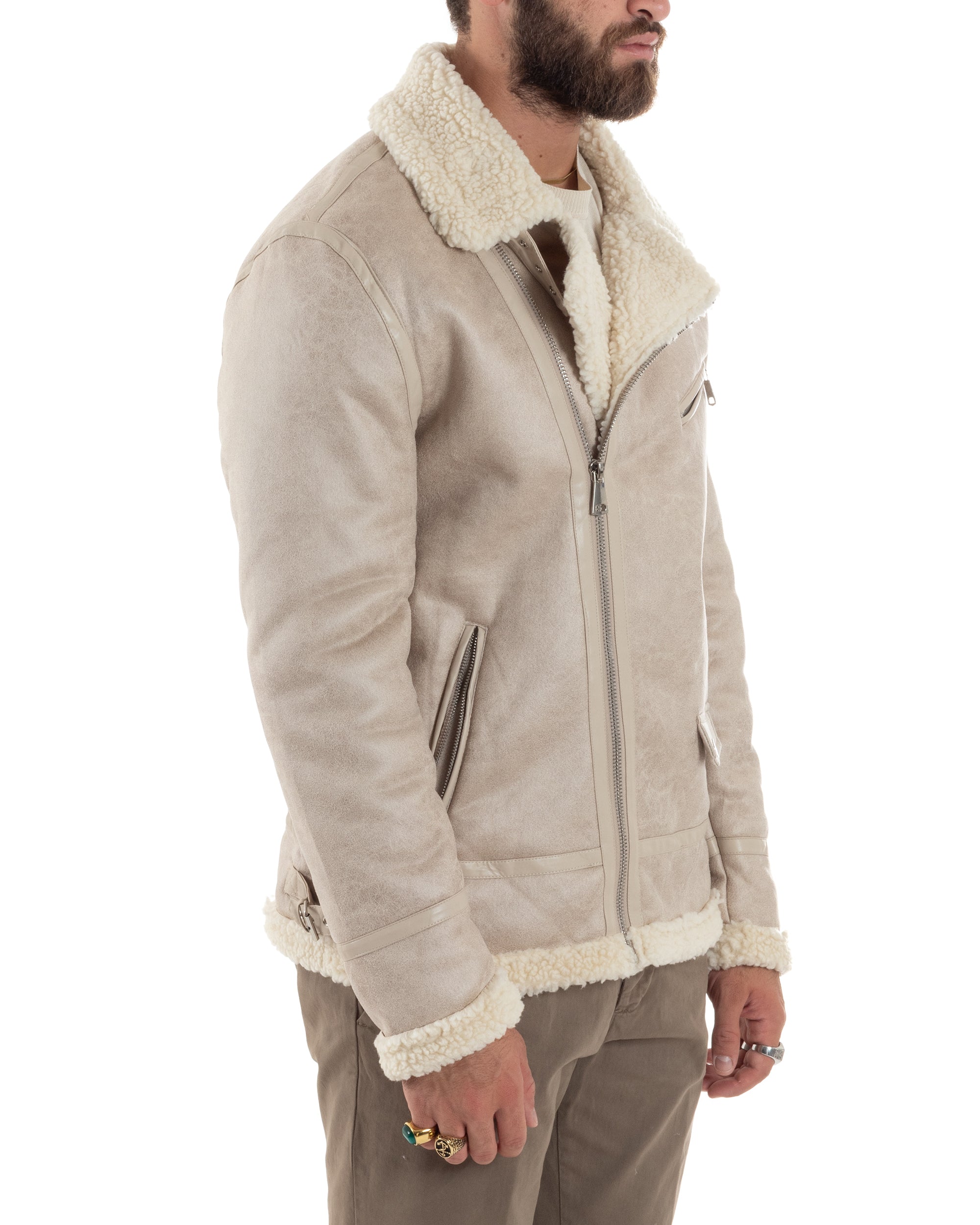 Giubbotto Montone Uomo Camoscio Imbottito Chiodo Caldo Giacca Aviatore Con Zip Con Collo In Pelliccia Casual Beige GIOSAL-G3221A