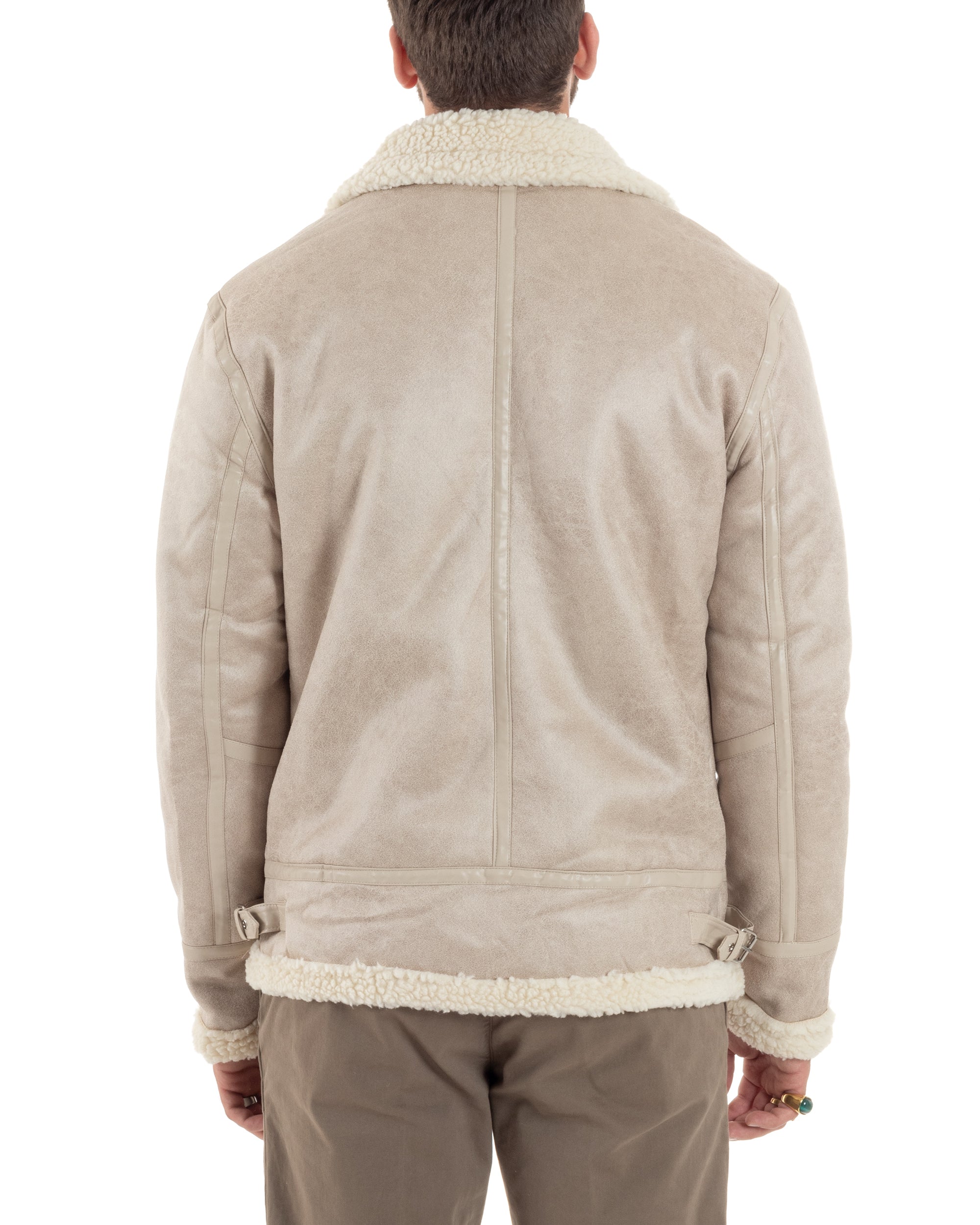 Giubbotto Montone Uomo Camoscio Imbottito Chiodo Caldo Giacca Aviatore Con Zip Con Collo In Pelliccia Casual Beige GIOSAL-G3221A