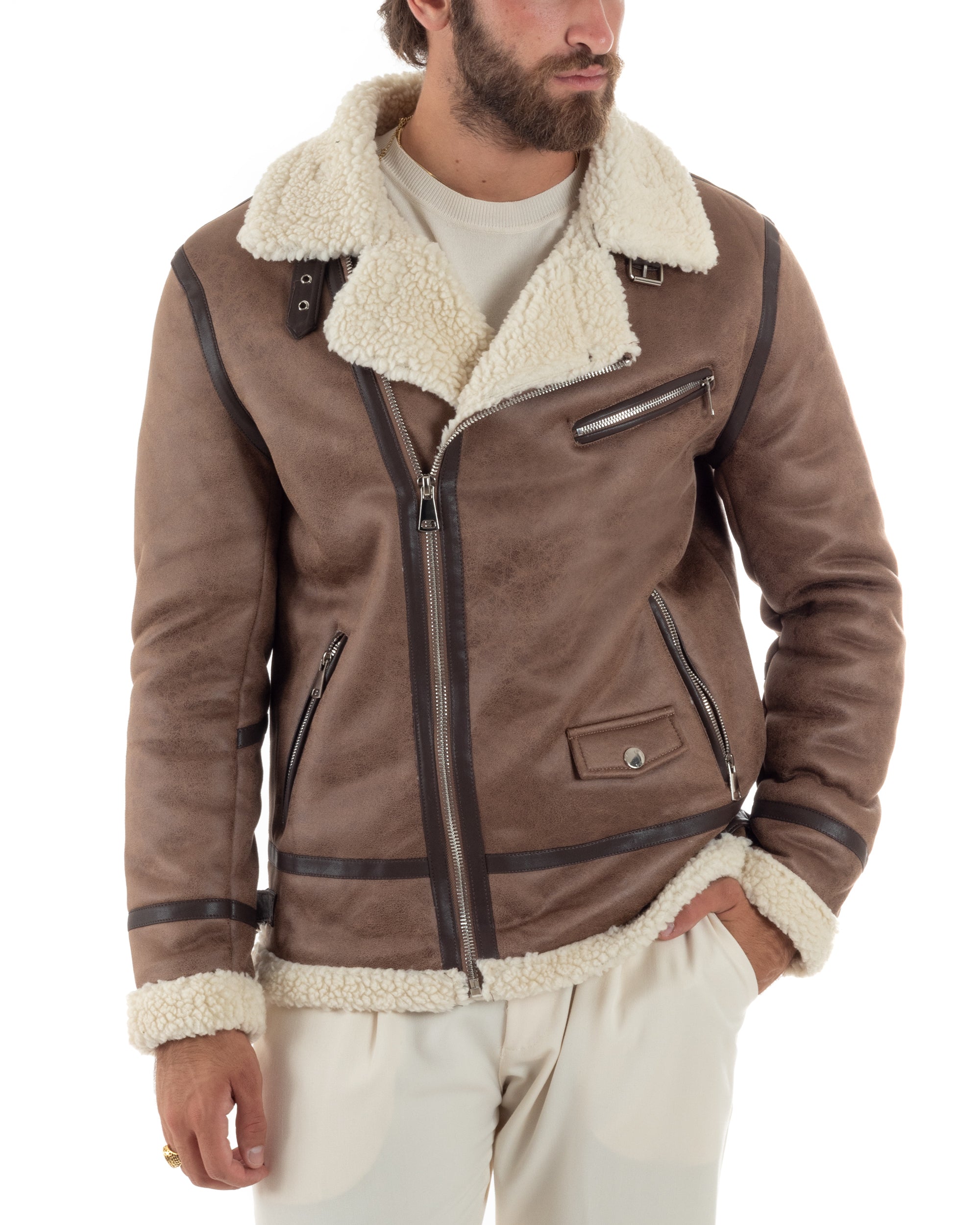 Giubbotto Montone Uomo Camoscio Imbottito Chiodo Caldo Giacca Aviatore Con Zip Con Collo In Pelliccia Casual Camel GIOSAL-G3222A