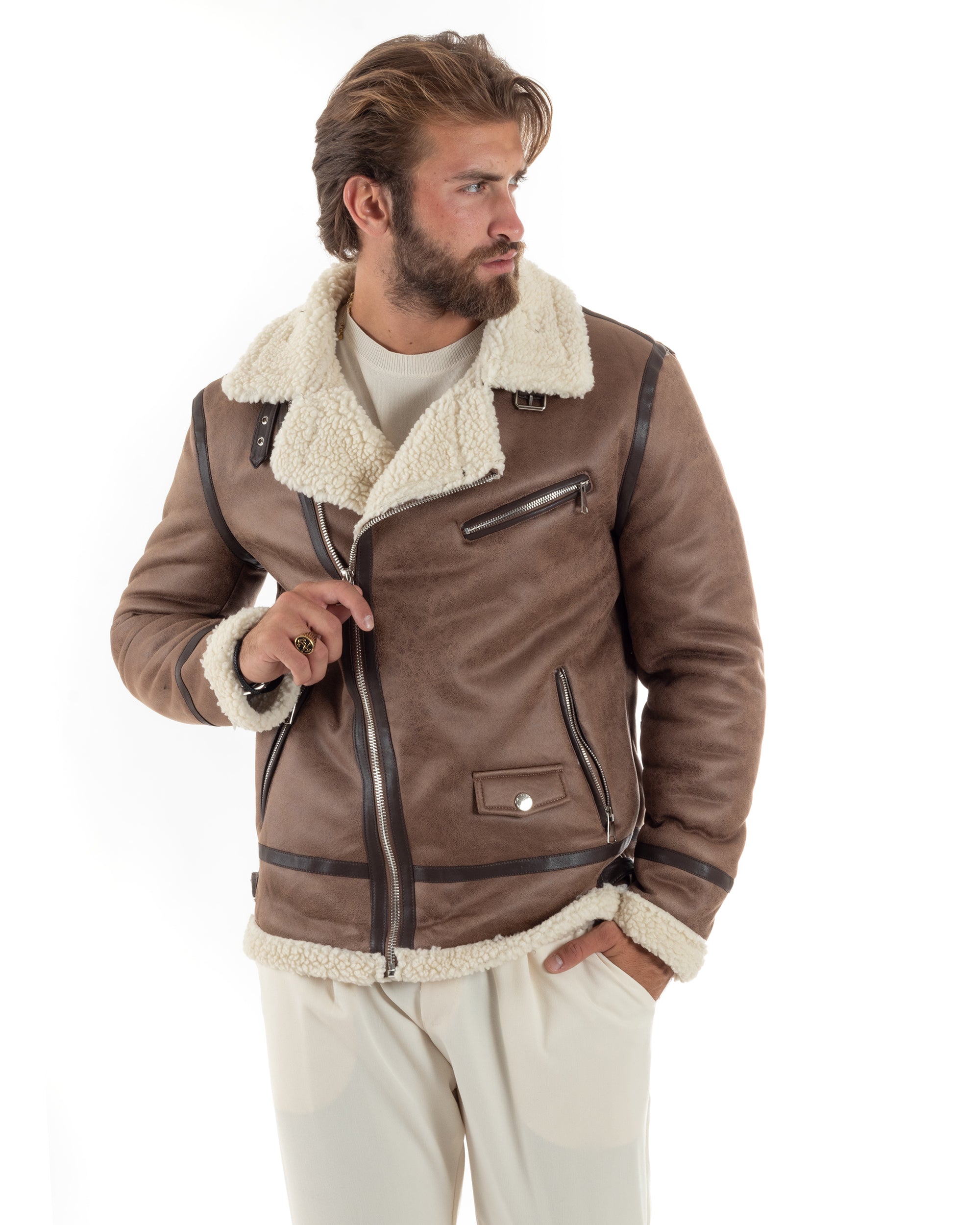 Giubbotto Montone Uomo Camoscio Imbottito Chiodo Caldo Giacca Aviatore Con Zip Con Collo In Pelliccia Casual Camel GIOSAL-G3222A