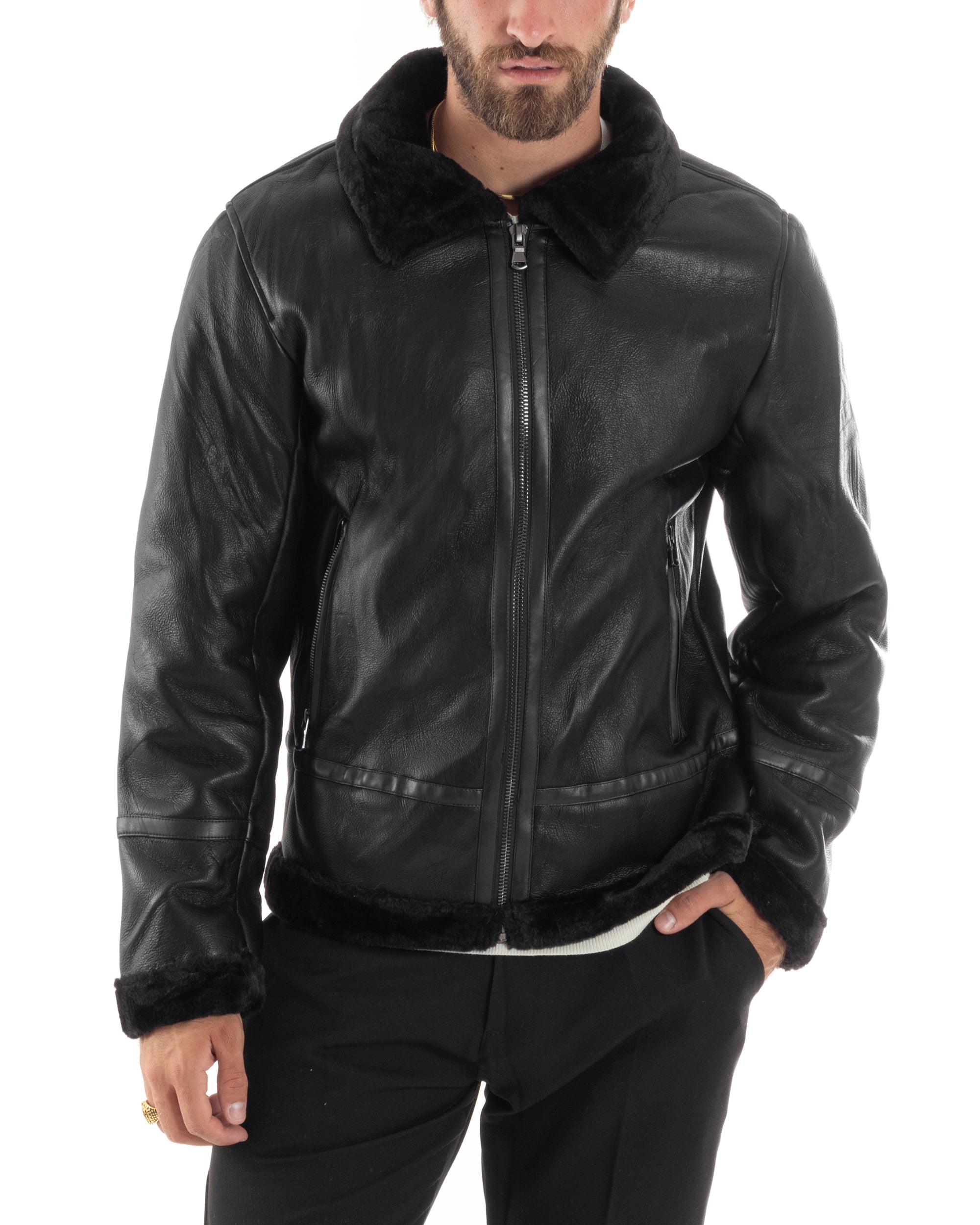 Giubbotto Montone Uomo Ecopelle College Con Zip Giacca Con Collo Imbottito Caldo Aviatore Con Pelliccia Casual Nero GIOSAL-G3225A