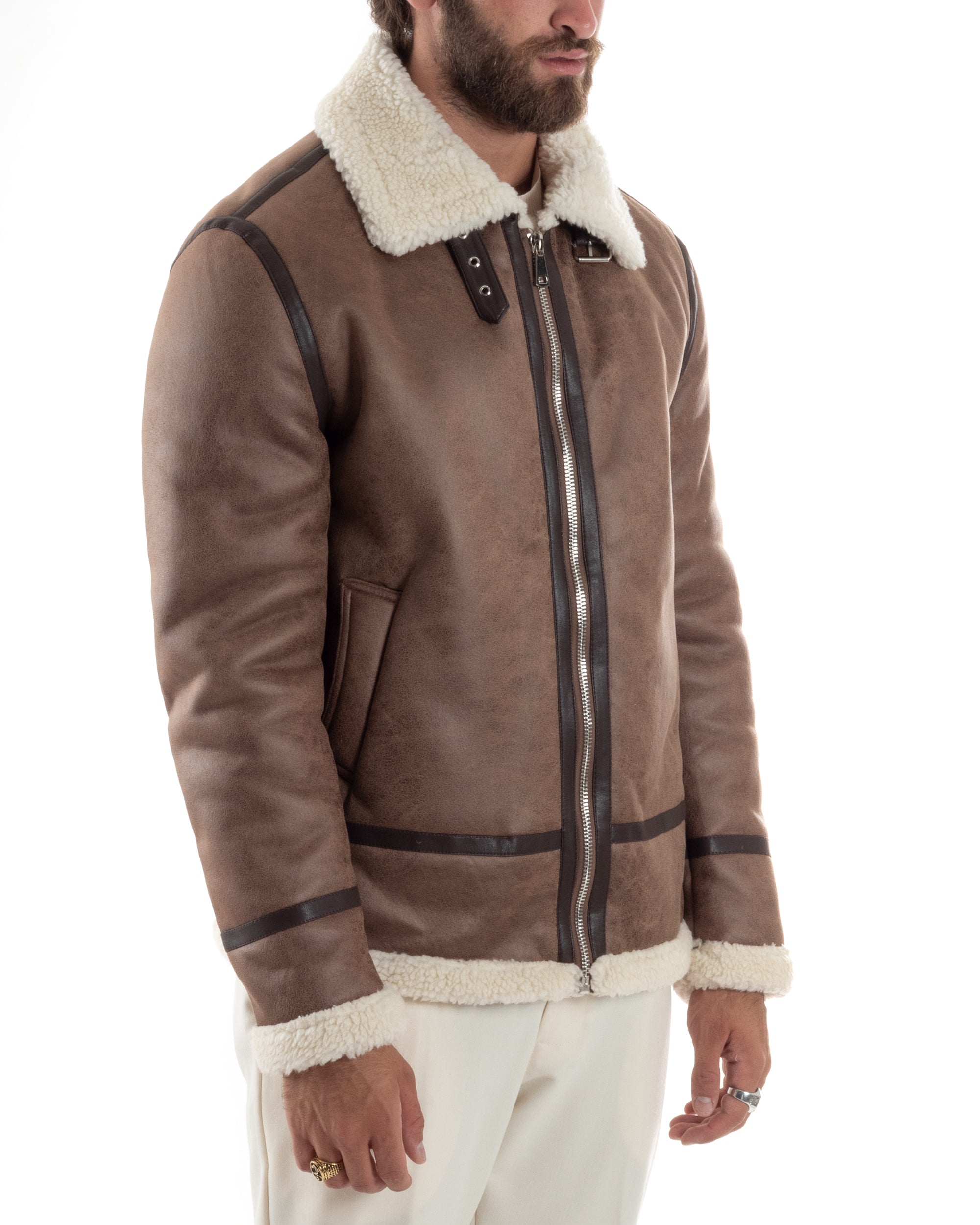 Giubbotto Montone Uomo Camoscio Con Zip Aviatore Con Pelliccia Giacca College Con Collo Imbottito Caldo Casual Camel GIOSAL-G3229A