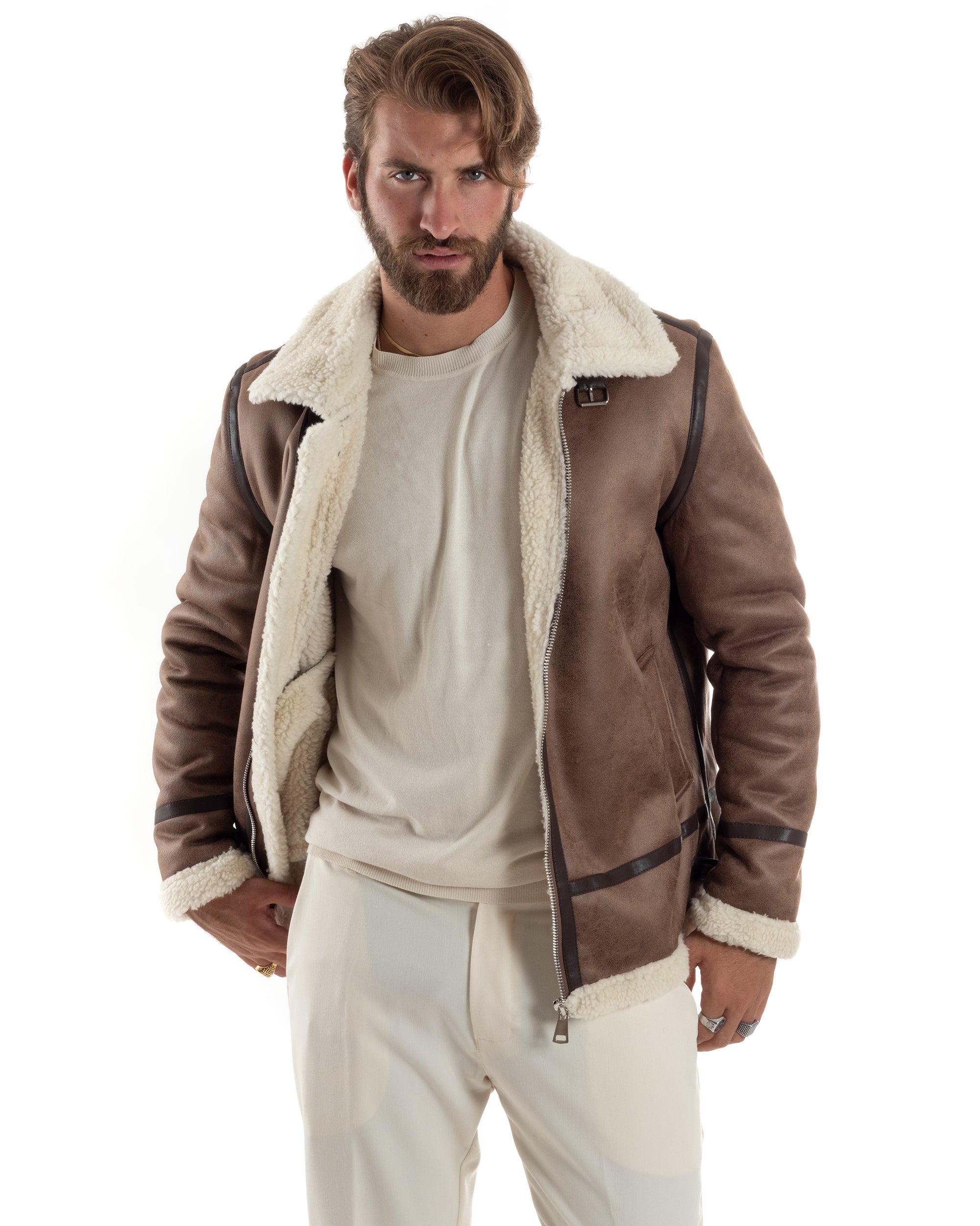 Giubbotto Montone Uomo Camoscio Con Zip Aviatore Con Pelliccia Giacca College Con Collo Imbottito Caldo Casual Camel GIOSAL-G3229A