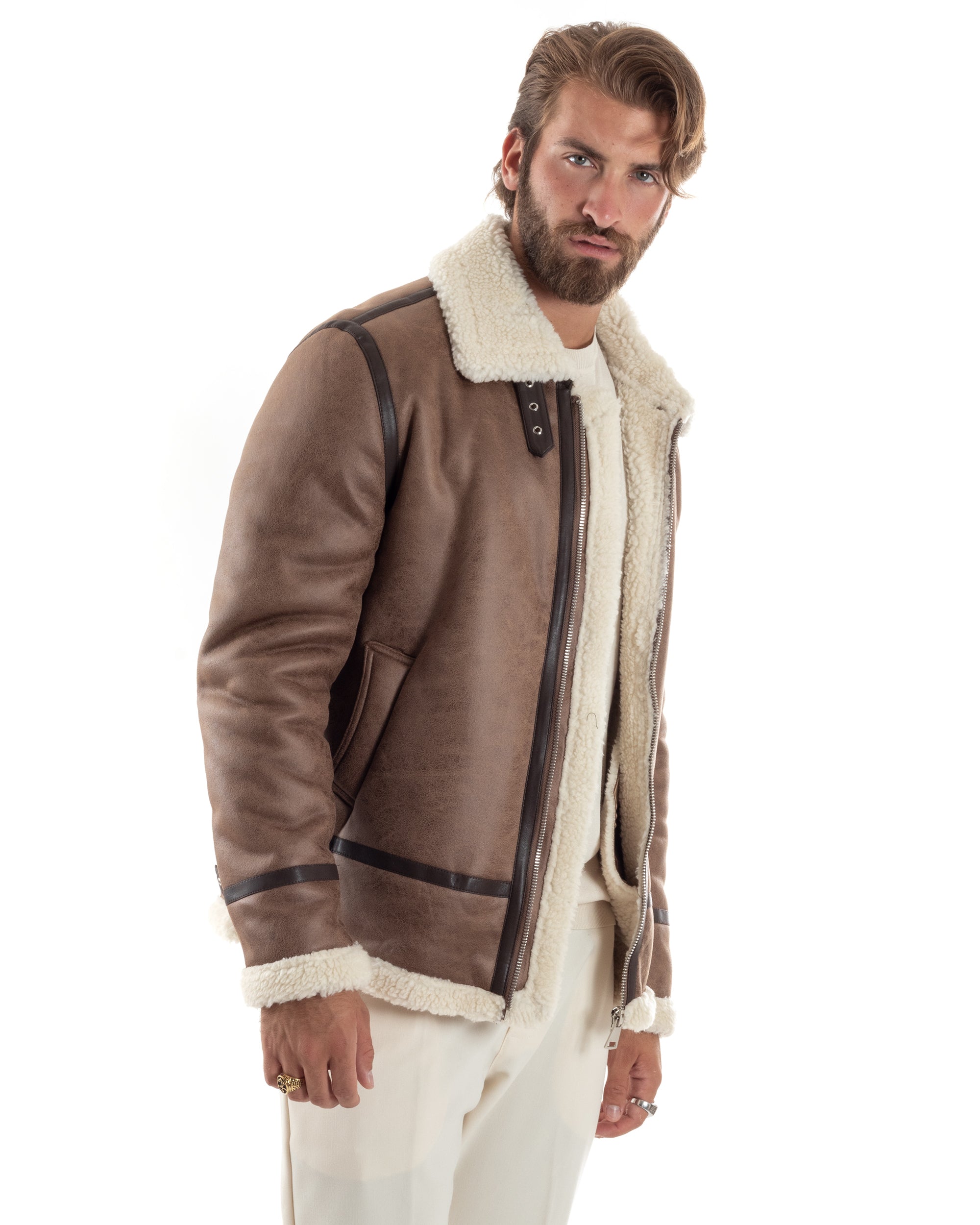 Giubbotto Montone Uomo Camoscio Con Zip Aviatore Con Pelliccia Giacca College Con Collo Imbottito Caldo Casual Camel GIOSAL-G3229A