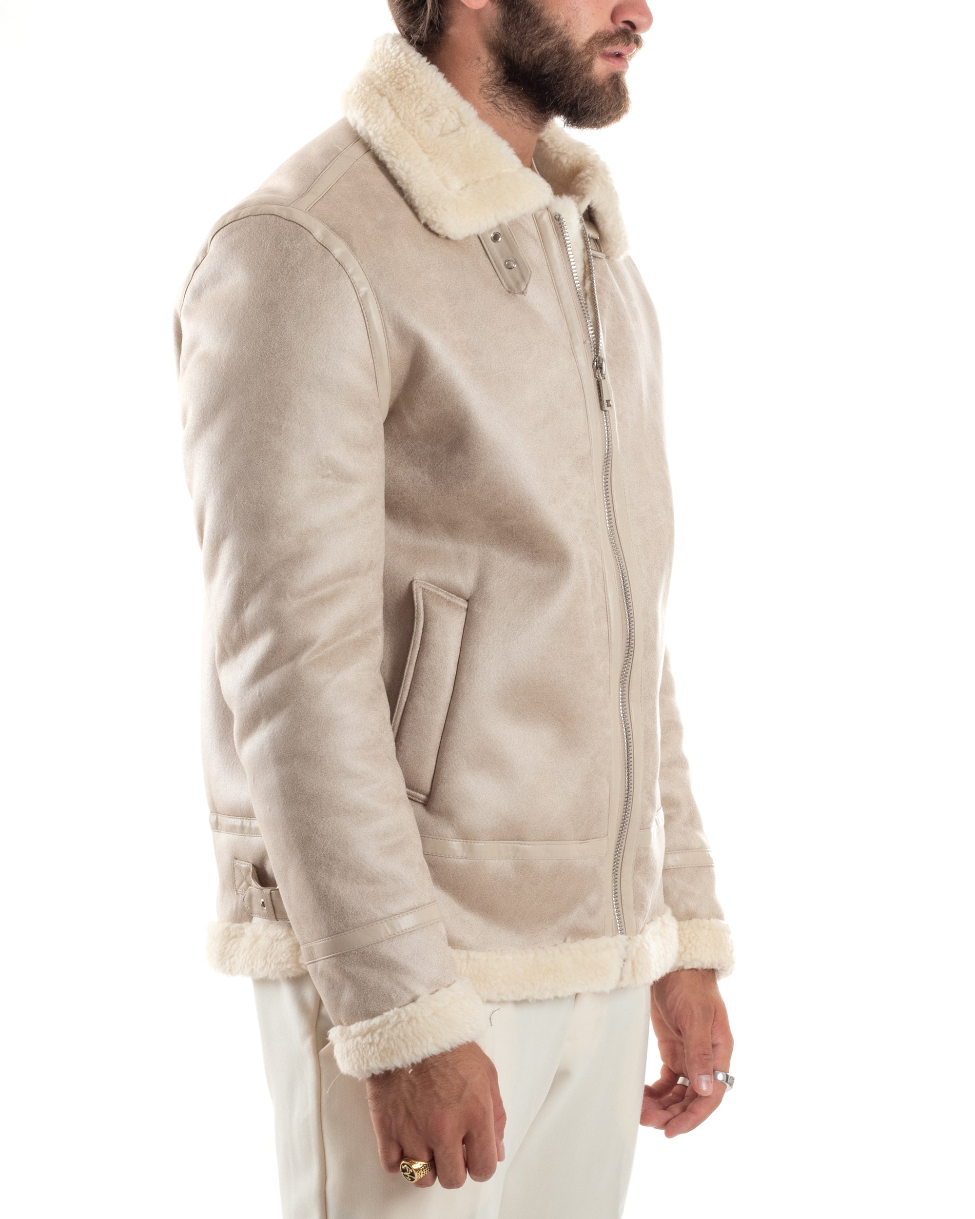 Giubbotto Montone Uomo Camoscio Con Zip Aviatore Con Pelliccia Giacca College Con Collo Imbottito Caldo Casual Beige GIOSAL-G3230A