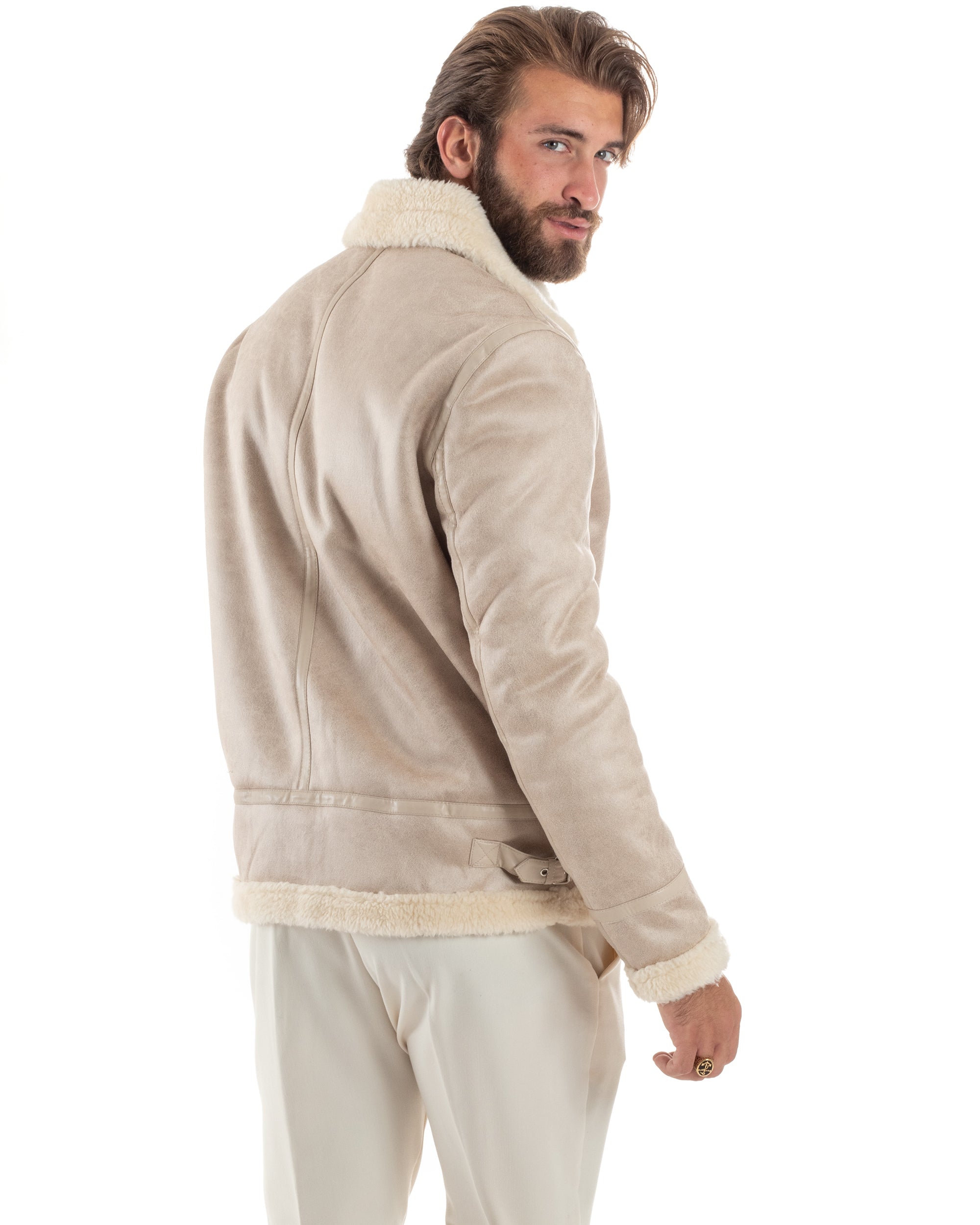 Giubbotto Montone Uomo Camoscio Con Zip Aviatore Con Pelliccia Giacca College Con Collo Imbottito Caldo Casual Beige GIOSAL-G3230A