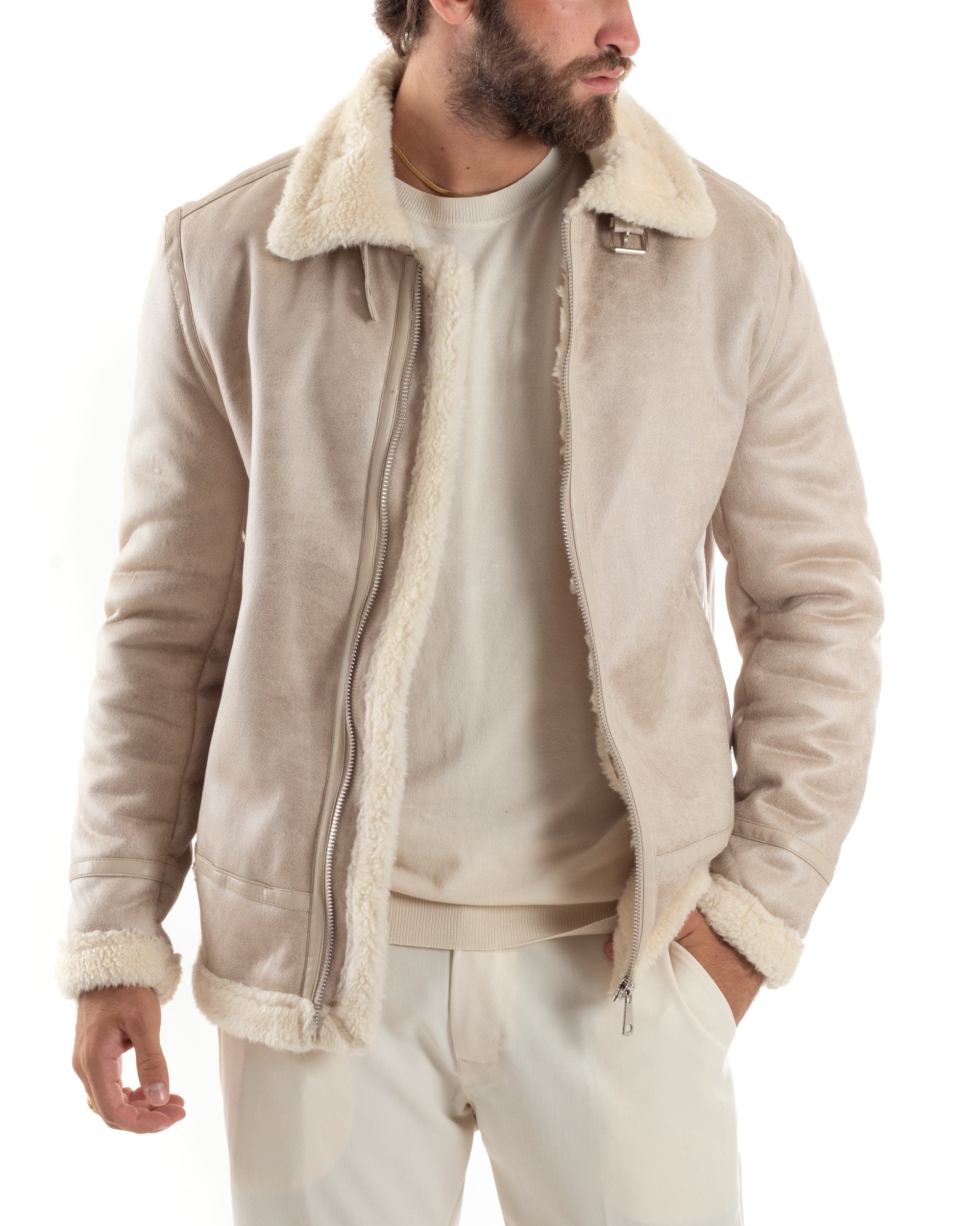 Giubbotto Montone Uomo Camoscio Con Zip Aviatore Con Pelliccia Giacca College Con Collo Imbottito Caldo Casual Beige GIOSAL-G3230A