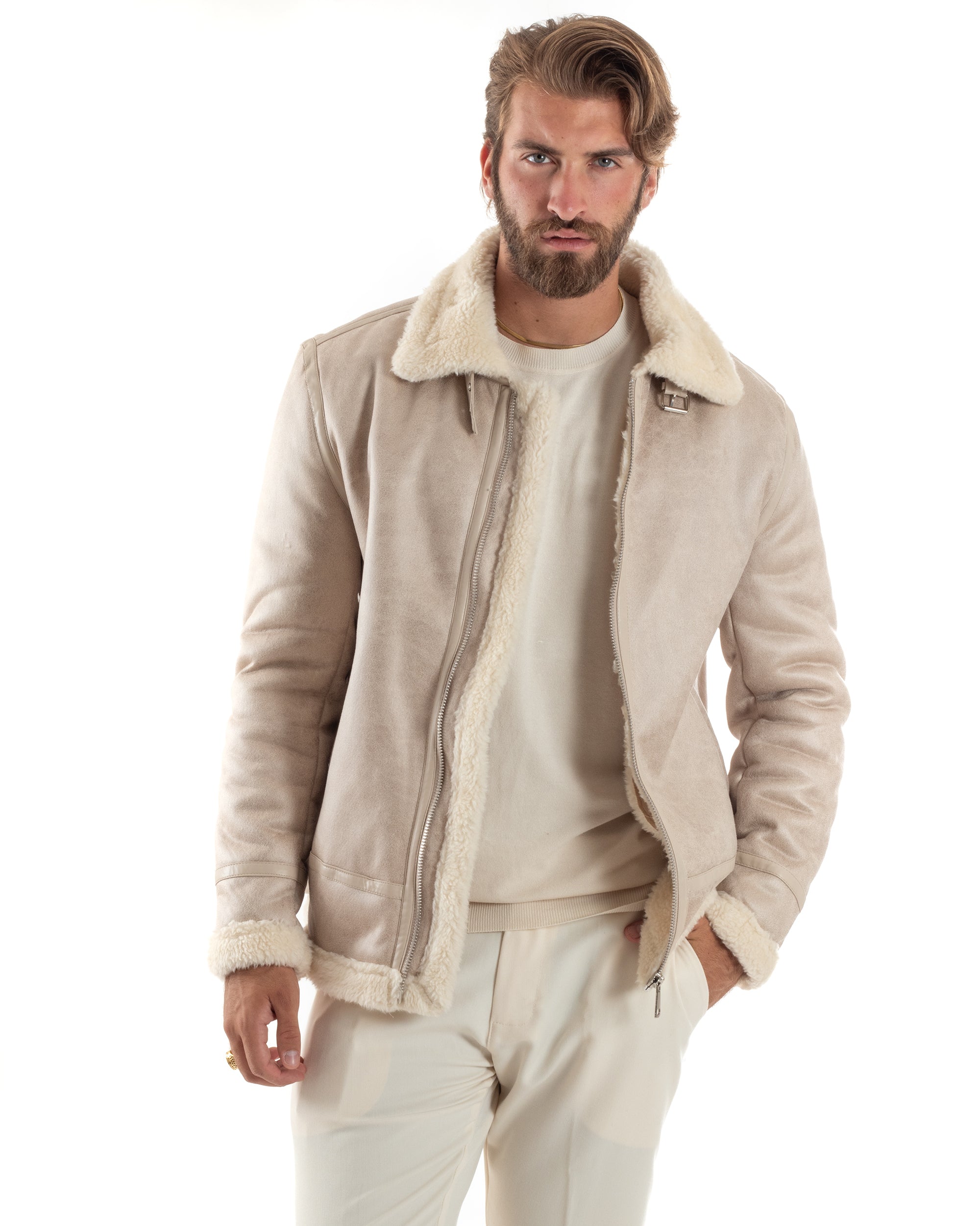 Giubbotto Montone Uomo Camoscio Con Zip Aviatore Con Pelliccia Giacca College Con Collo Imbottito Caldo Casual Beige GIOSAL-G3230A