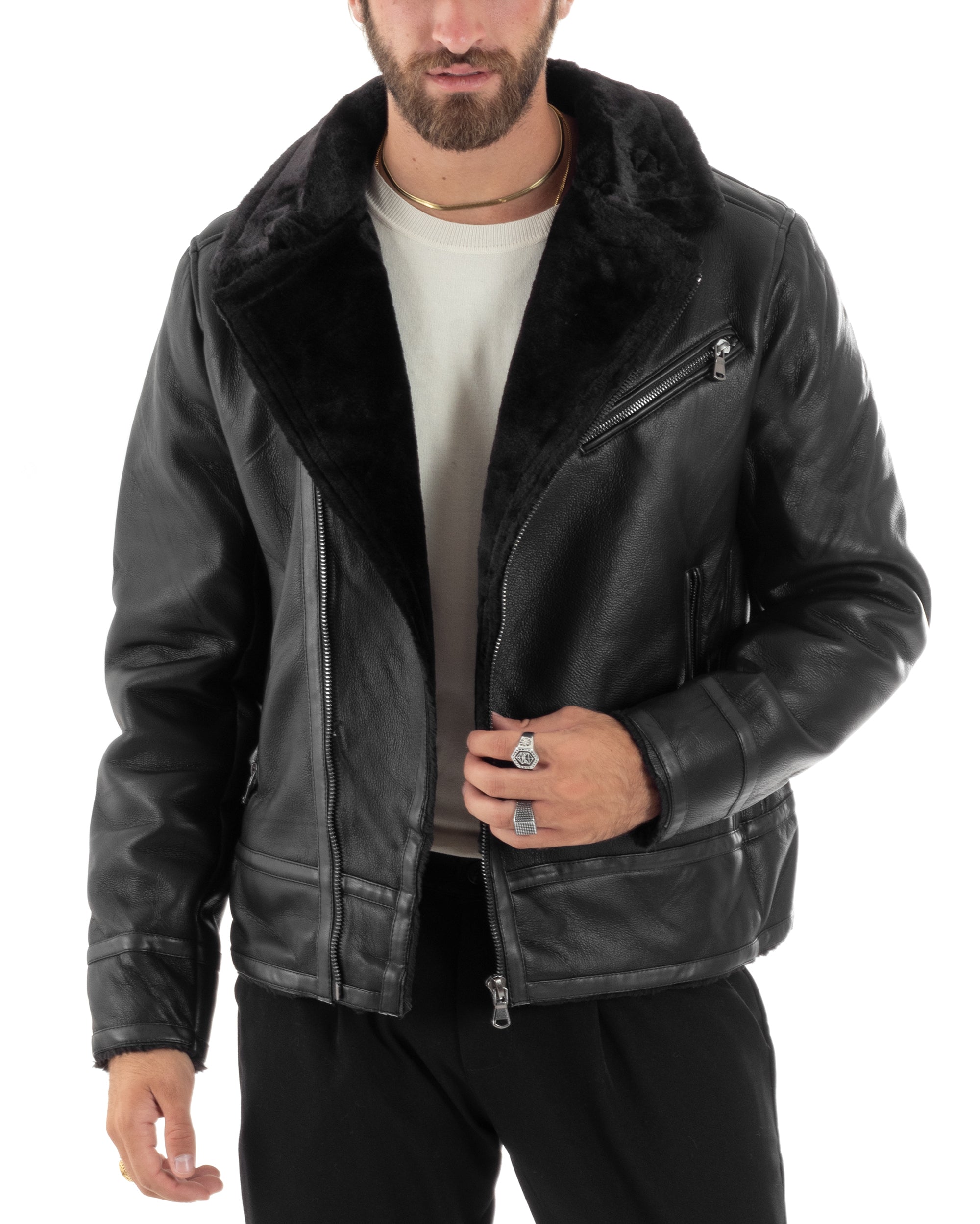 Giubbotto Montone Uomo Ecopelle Imbottito Chiodo Caldo Giacca Aviatore Con Collo In Pelliccia Con Zip Casual Nero GIOSAL-G3231A