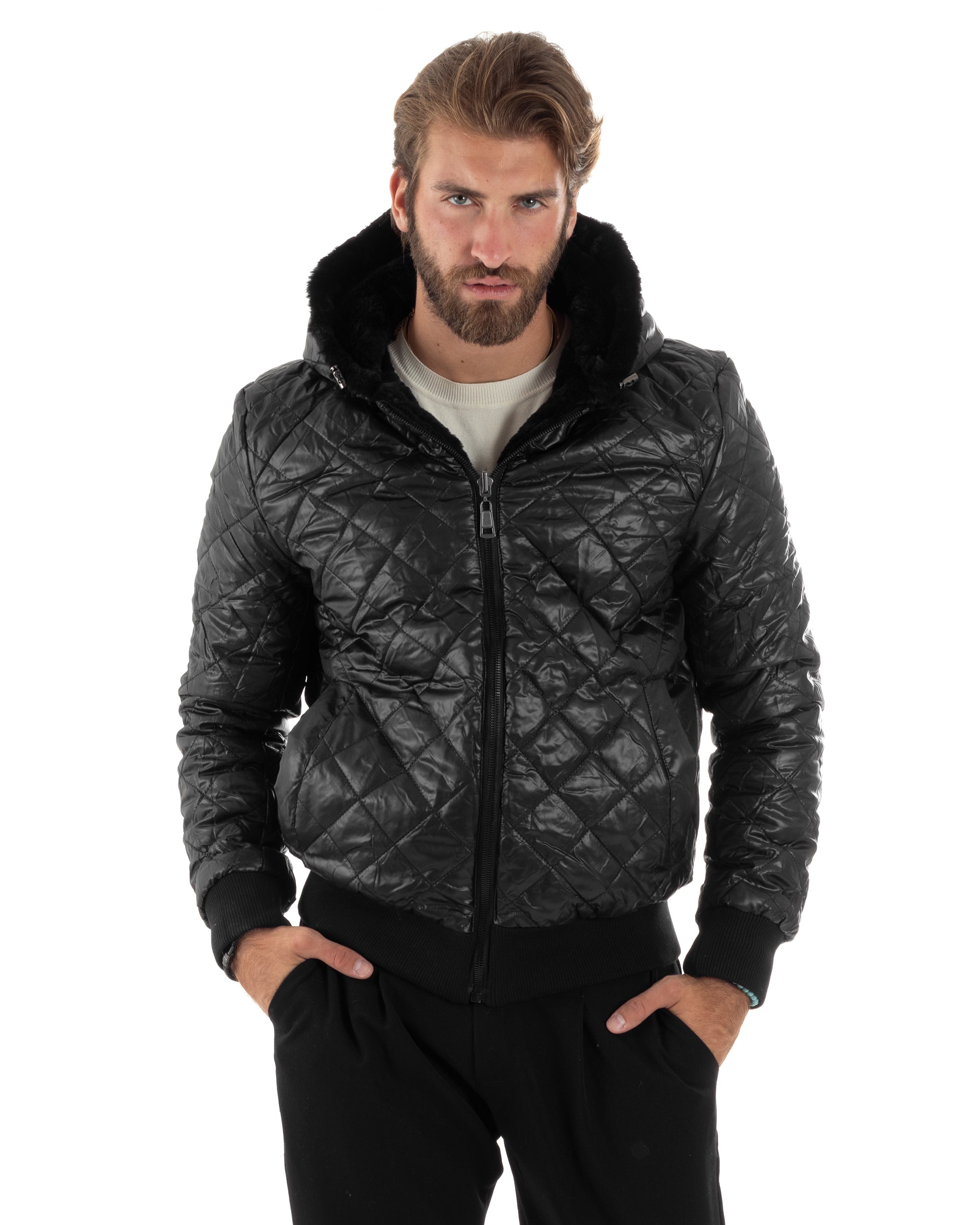 Giubbotto Ecopelliccia Uomo Con Cappuccio Reversibile Giaccone Imbottito Double Face Trapuntato Con Zip Nero GIOSAL-G3234A