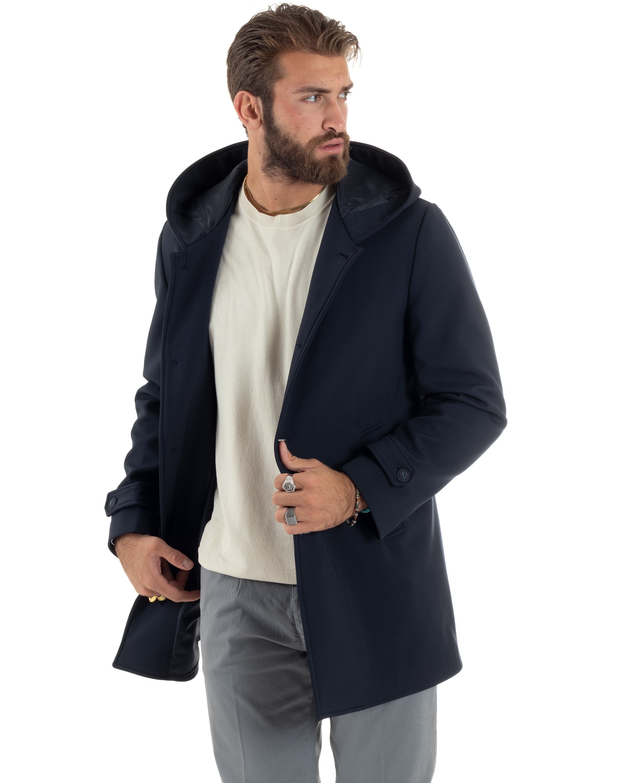 Giubbotto Uomo Con Cappuccio Trench Monopetto Tessuto Tecnico Impermeabile Giaccone Con Bottoni Imbottito Lungo Antivento Blu GIOSAL-G3235A